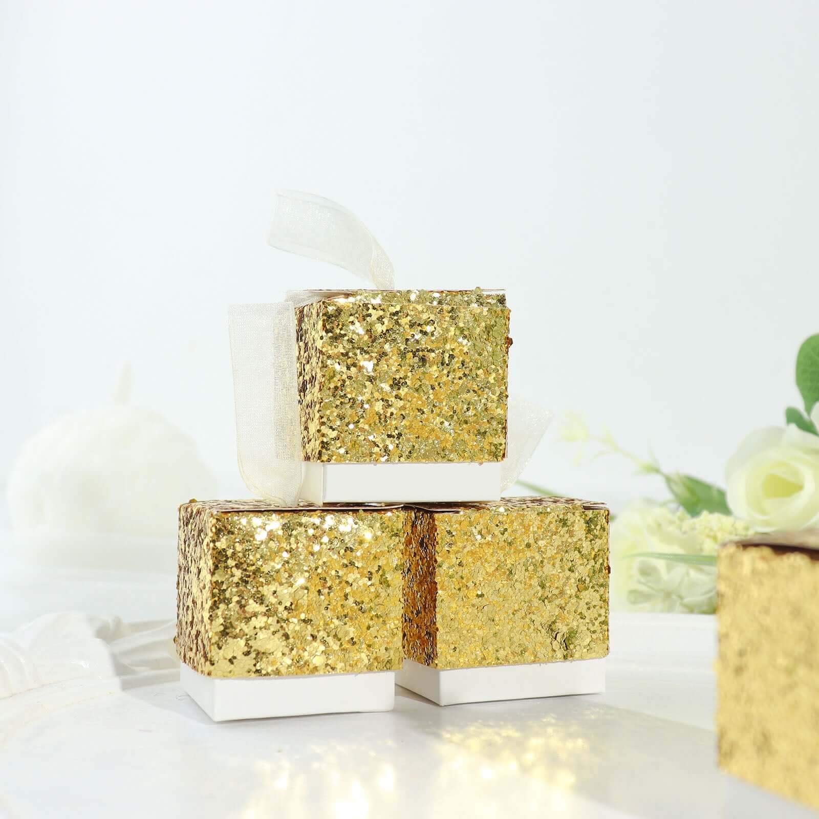 25 Pack 2" Gold Sequin Glitter Party Favor Boxes With White Ribbon Loop, Wedding Favor Gift Boxes, Candy Cases