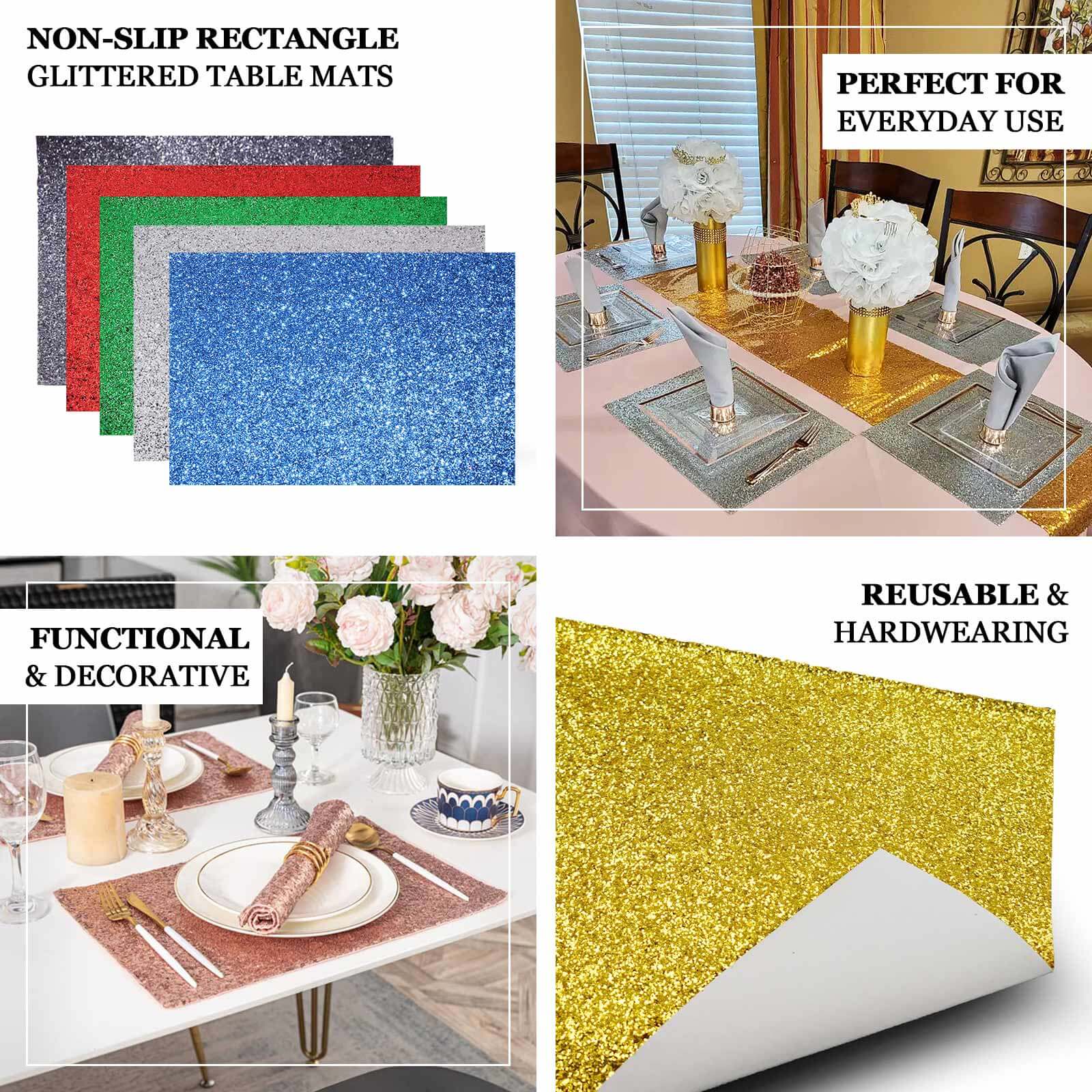 6-Pack Placemats Glitter Design Gold Sparkle Rectangle - Non-Slip Decorative Dining Table Mats 12"x18"