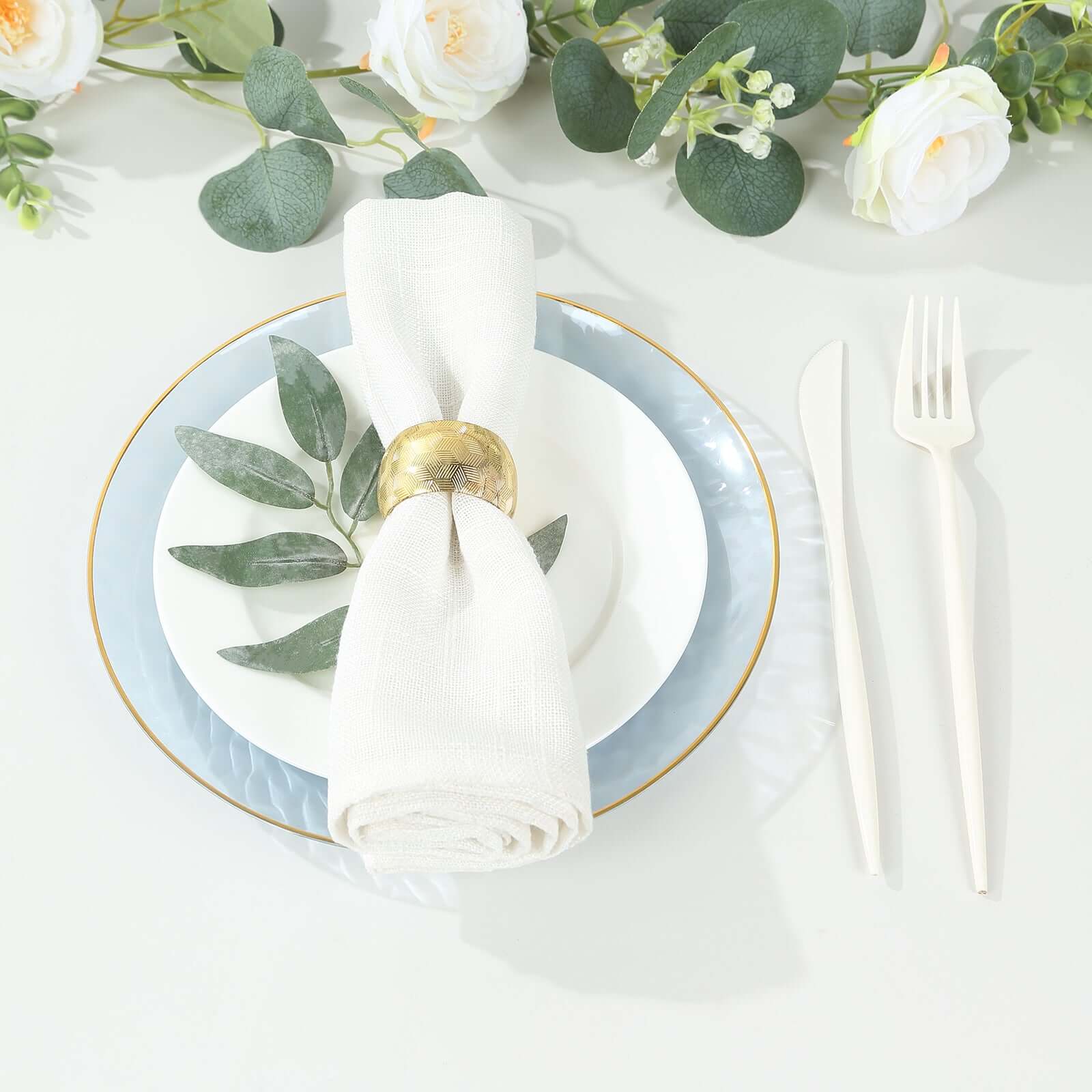 10-Pack Plastic 9" Round Dinner Plates in Transparent Dusty Blue Hammered Design with Gold Rim - Modern Disposable Party Plates