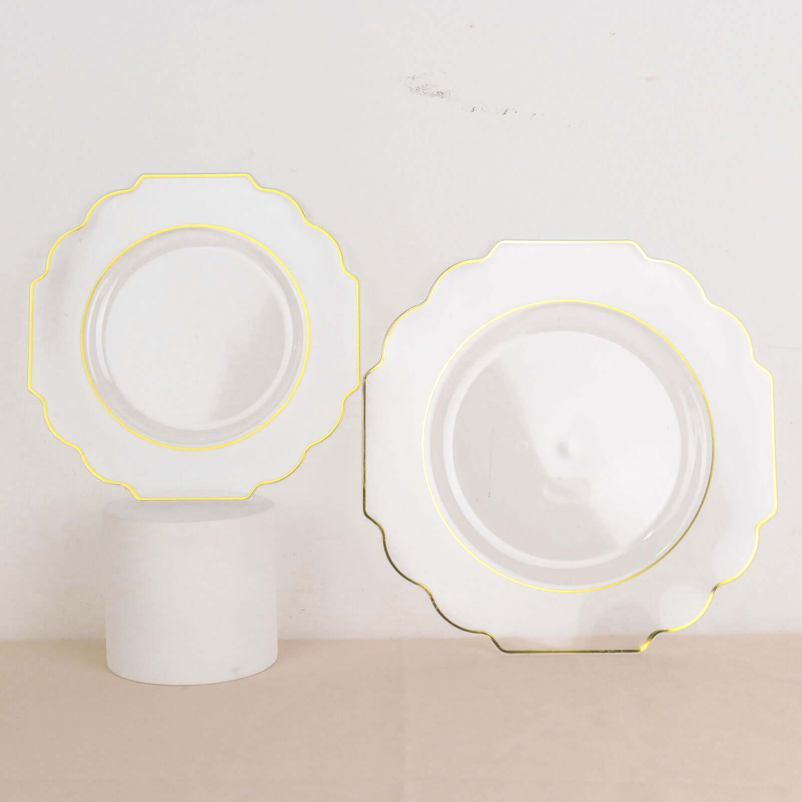 10-Pack Plastic Dessert Appetizer Plates in Clear Baroque Design with Scalloped Gold Rim - Heavy Duty Disposable Salad Plates 8"