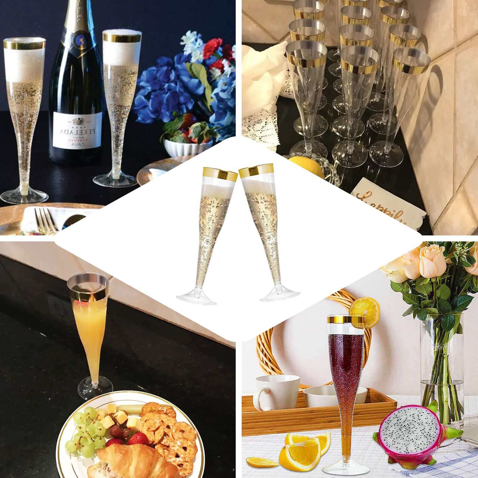 12-Pack Plastic Champagne Flutes Clear/Gold Hollow Stem - Stylish Disposable Glasses with Detachable Base for Toasts 6oz