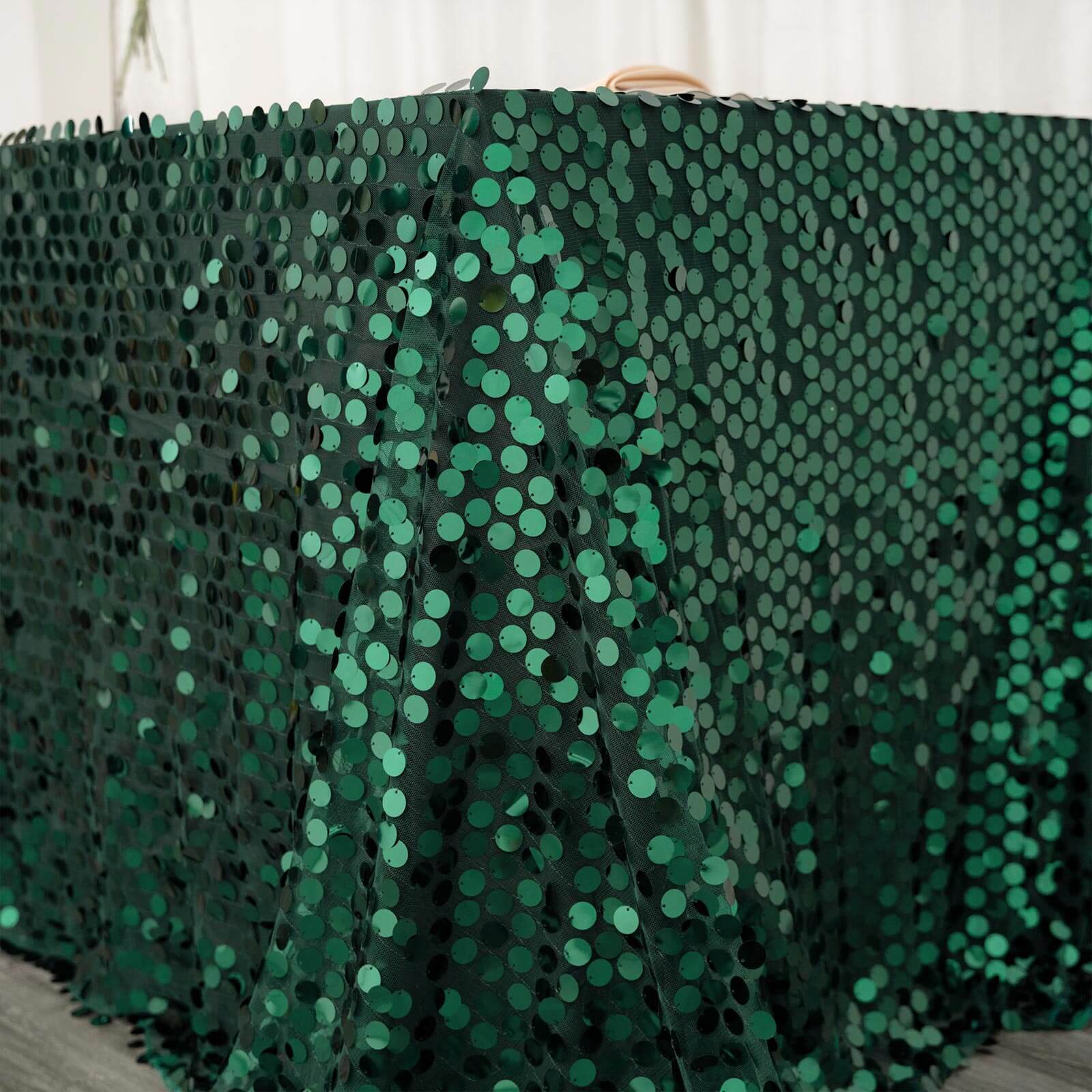 Sequin 90"x132" Rectangle Tablecloth Hunter Emerald Green - Seamless Big Payette Table Cover