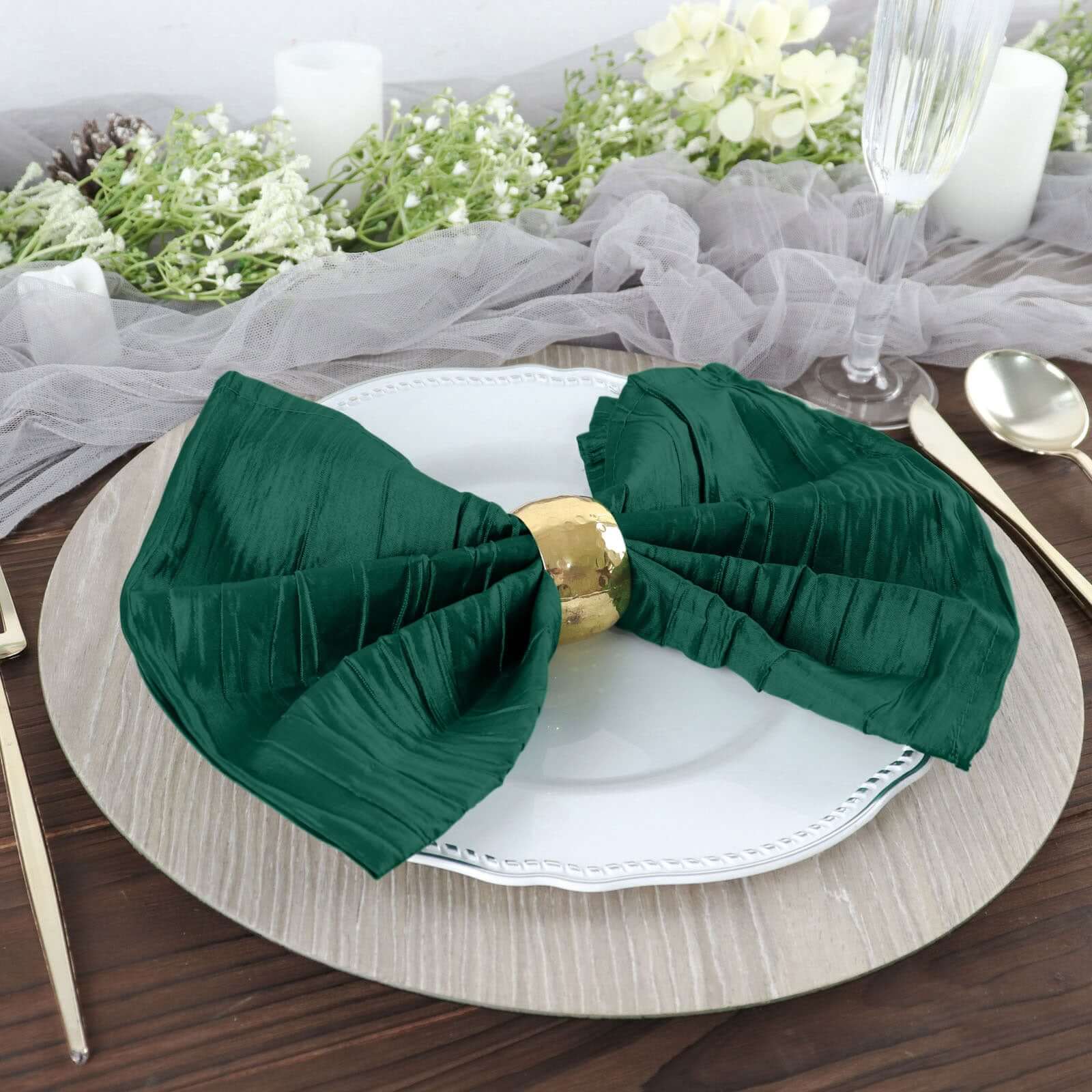 5 Pack Taffeta 20"x20" Napkins Hunter Emerald Green - Accordion Crinkle Dinner Napkins