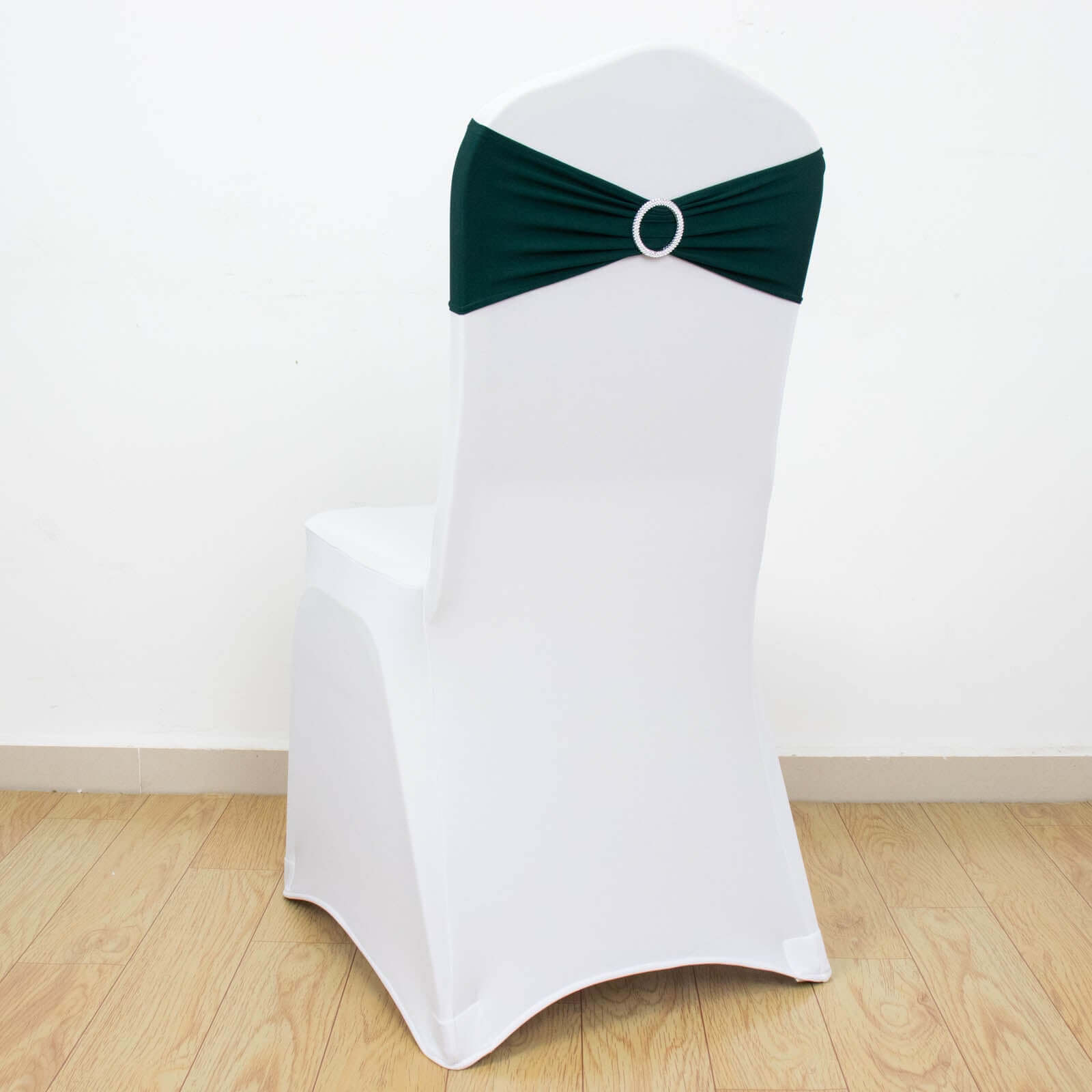 5 Pack Stretch Spandex Chair Sashes Hunter Emerald Green - Reusable Chair Bands with Silver Diamond Ring Slide Buckle 5"x14"