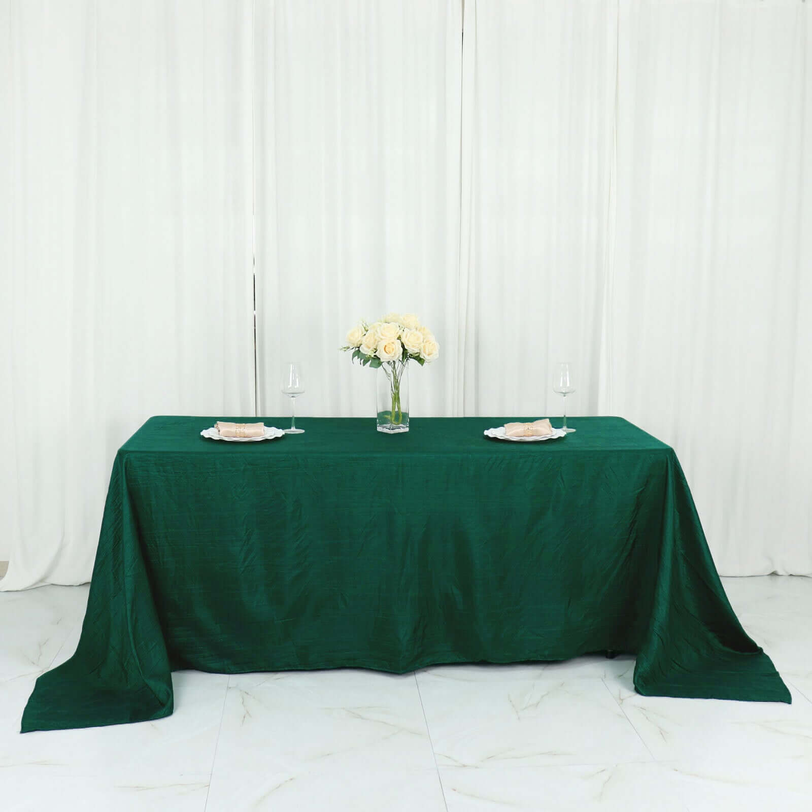Taffeta 90"x132" Rectangle Tablecloth Hunter Emerald Green - Seamless Accordion Crinkle Table Cover