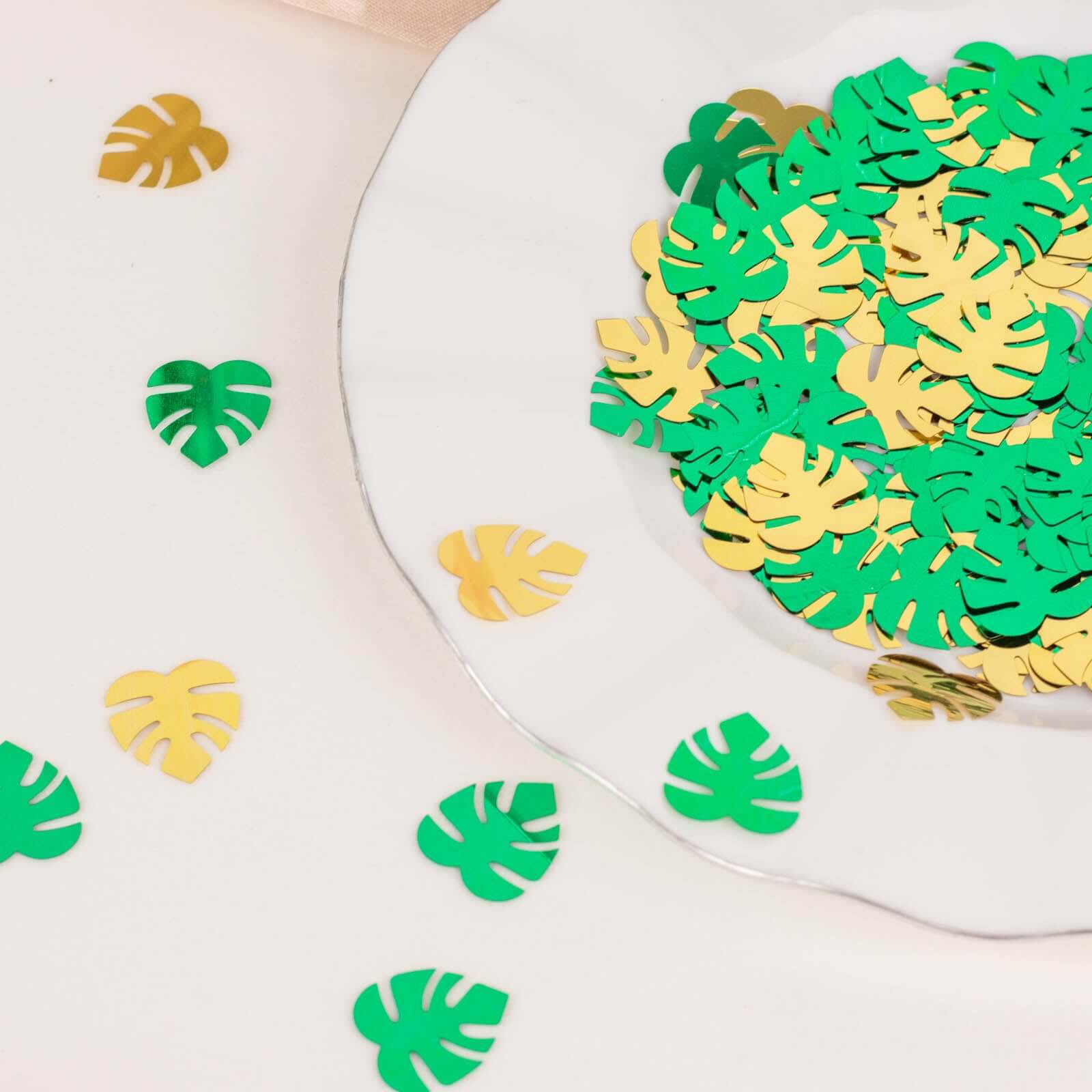 15G Bag Tropical Palm Leaf Table Confetti, Shiny Monstera Metallic Green and Gold Vibrant Eye-Catching Design