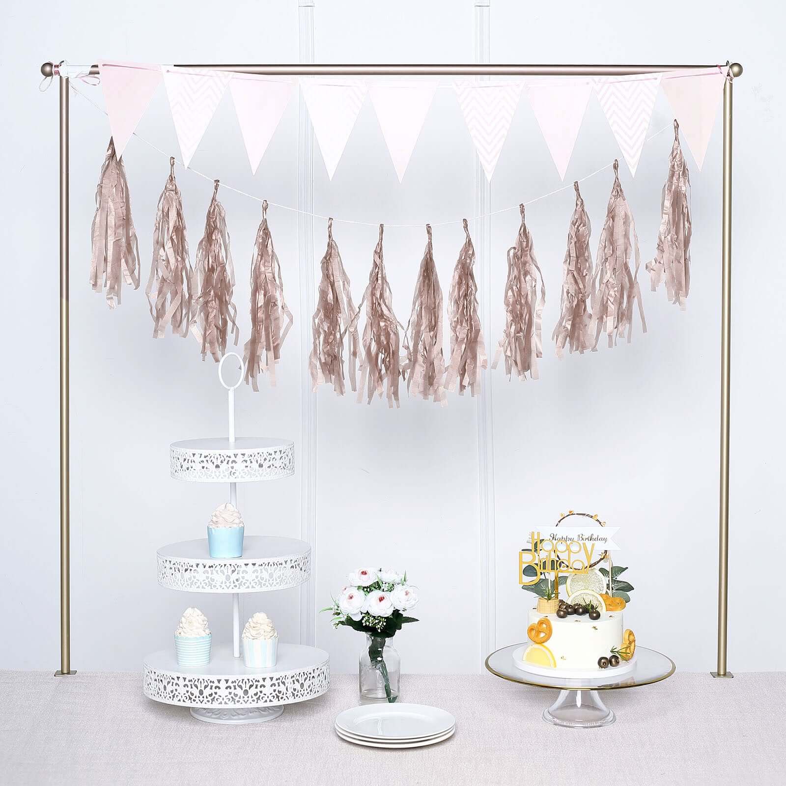 12 Pack Pre-Tied Rose Gold Paper Fringe Tassels With Garland String, Hanging Streamer Banner