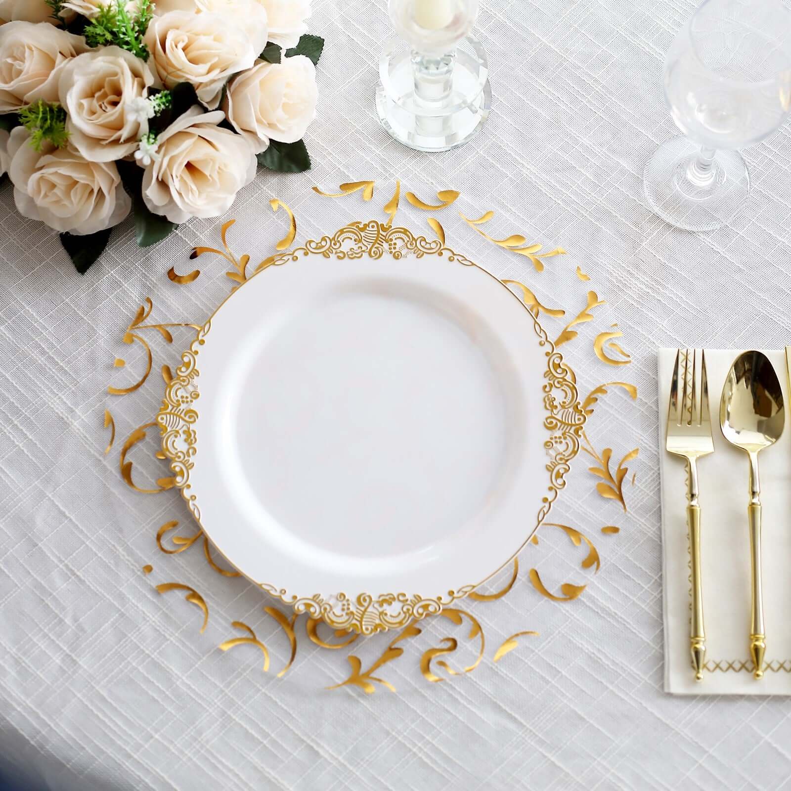 10-Pack Table Placemats Embossed Foil Flower Design Metallic Gold Round - Sheer Organza Disposable Mats 13"
