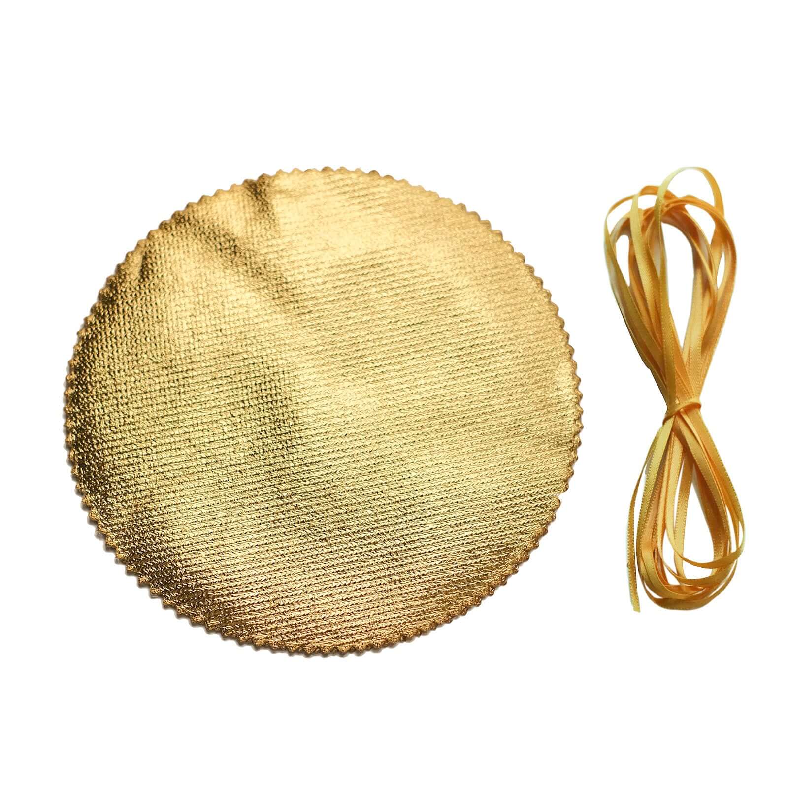 6-Pack Jar Covers Metallic Gold Round Lame Fabric Design with Satin Tie String - DIY Party Favors & Craft Supplies 6"