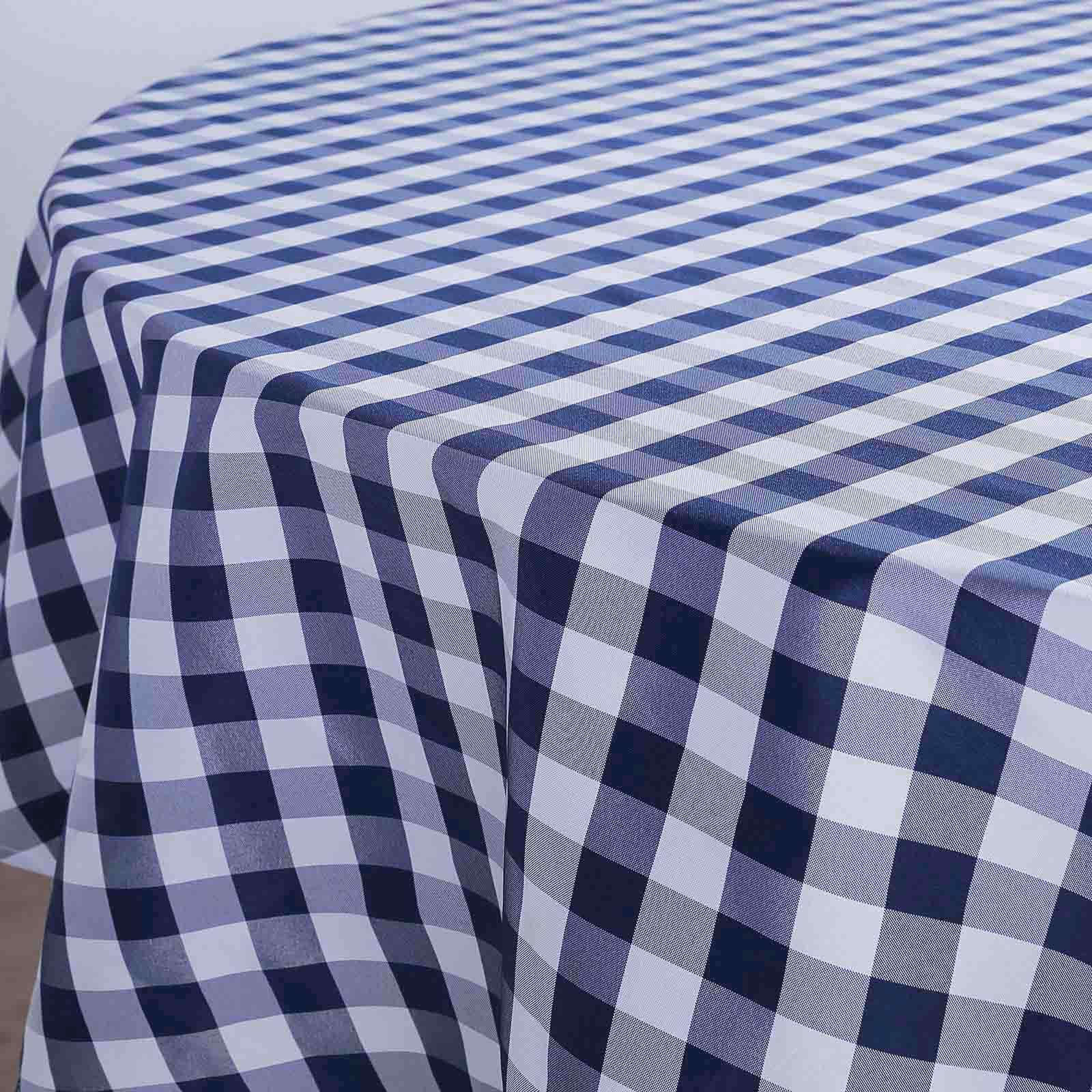 Polyester 108" Round Tablecloth White/Navy Blue - Checkered Buffalo Plaid Table Cover