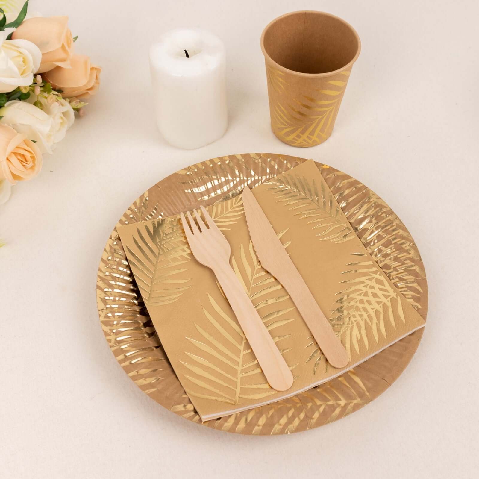 72 Pcs Paper Dinnerware Set with Gold Foil Palm Leaves Print Natural - Disposable Tableware Combo-Pack with Plates and Cups