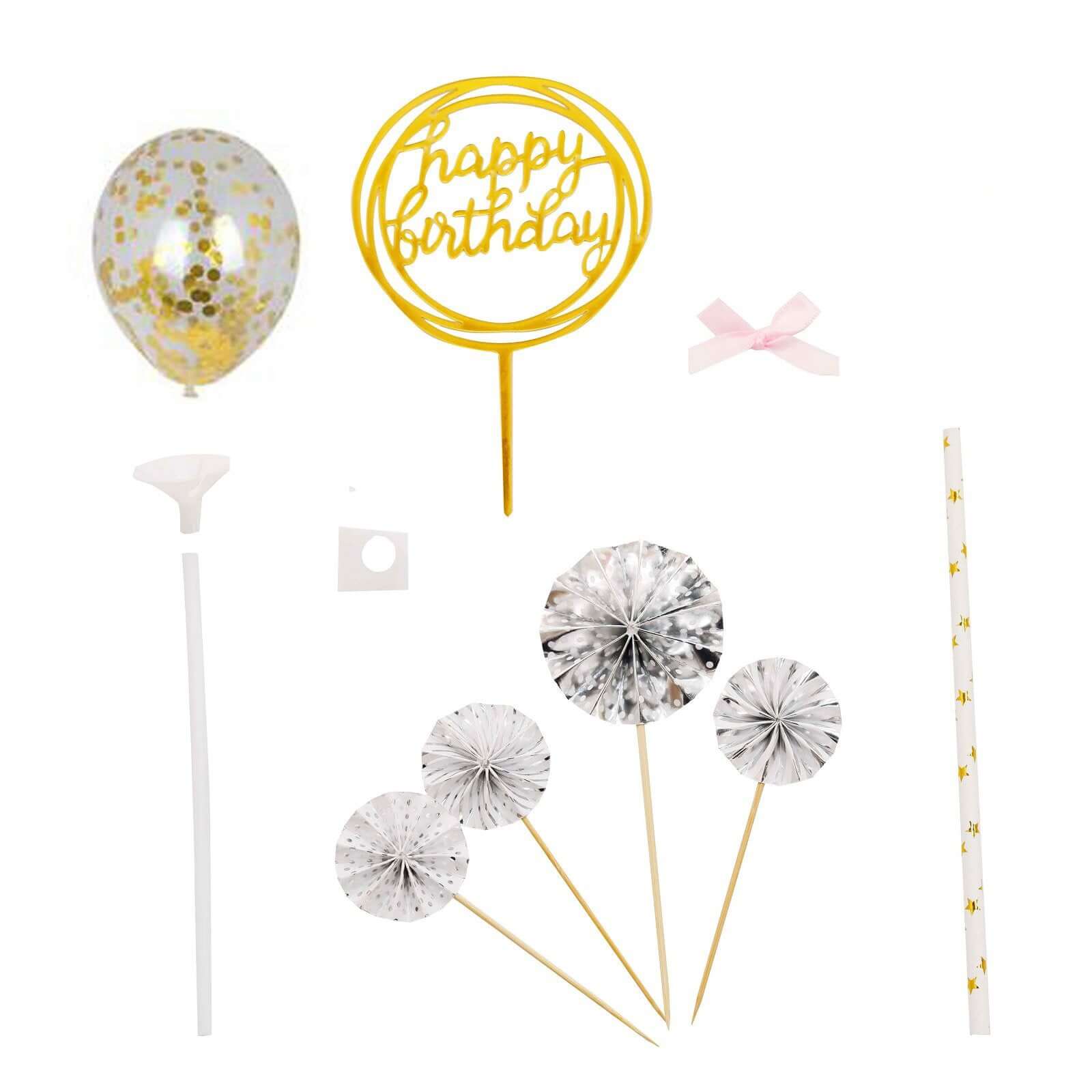 6 Pcs Happy Birthday Cake Topper Silver/Gold - Fun Cake Decoration with 4 Mini Paper Fans & Confetti Balloon for Themed Parties & Special Occasions