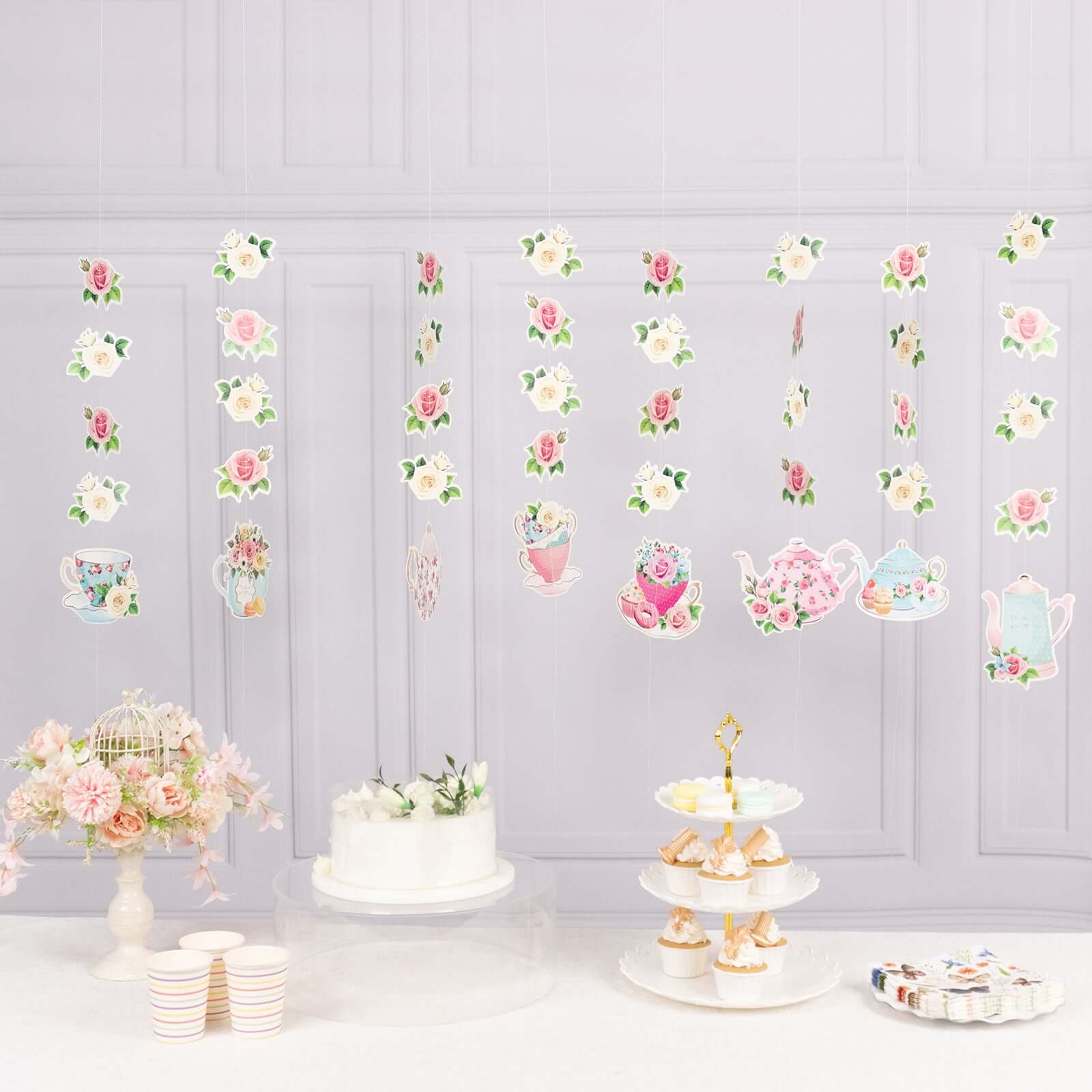 8 Pack Double Sided Floral Tea Party Paper Garland, 40" Pre-Assembled Mixed Teapot Banner Hanging Decorations