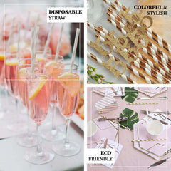 25-Pack Paper Straws White/Rose Gold Striped - Stylish Disposable Straws for Drinks 8"