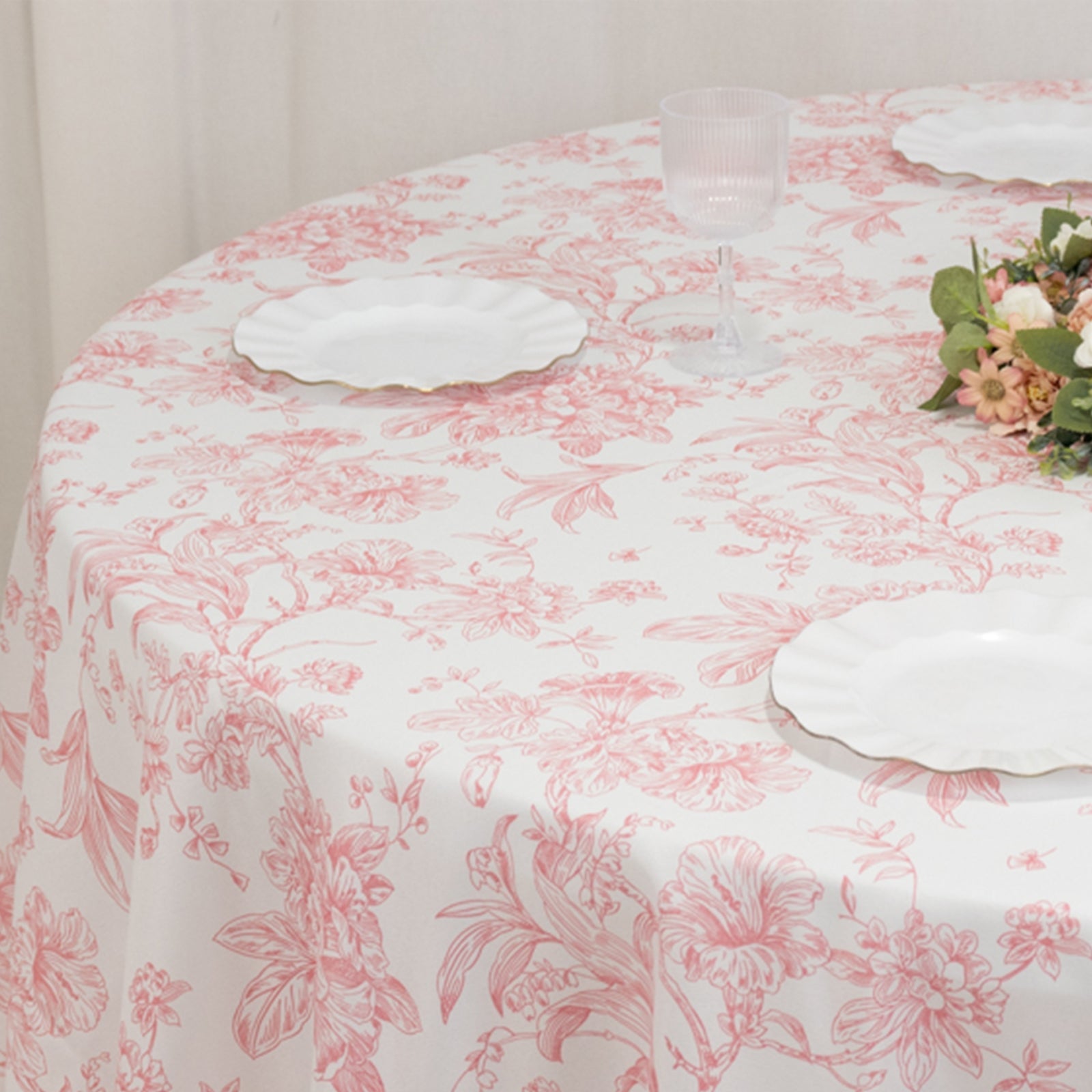 Polyester 120" Round Tablecloth White - Pink French Toile Pattern for Stylish Events