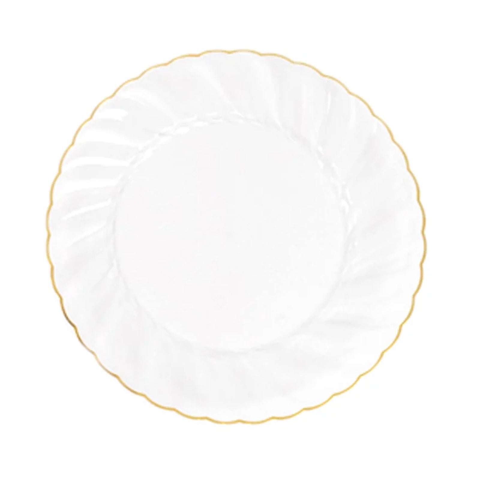 10-Pack Plastic 7.5" Round Salad Dessert Plates in Clear with Gold Flair Rim - Disposable Party Plates for Upscale Banquets & Special Occasions
