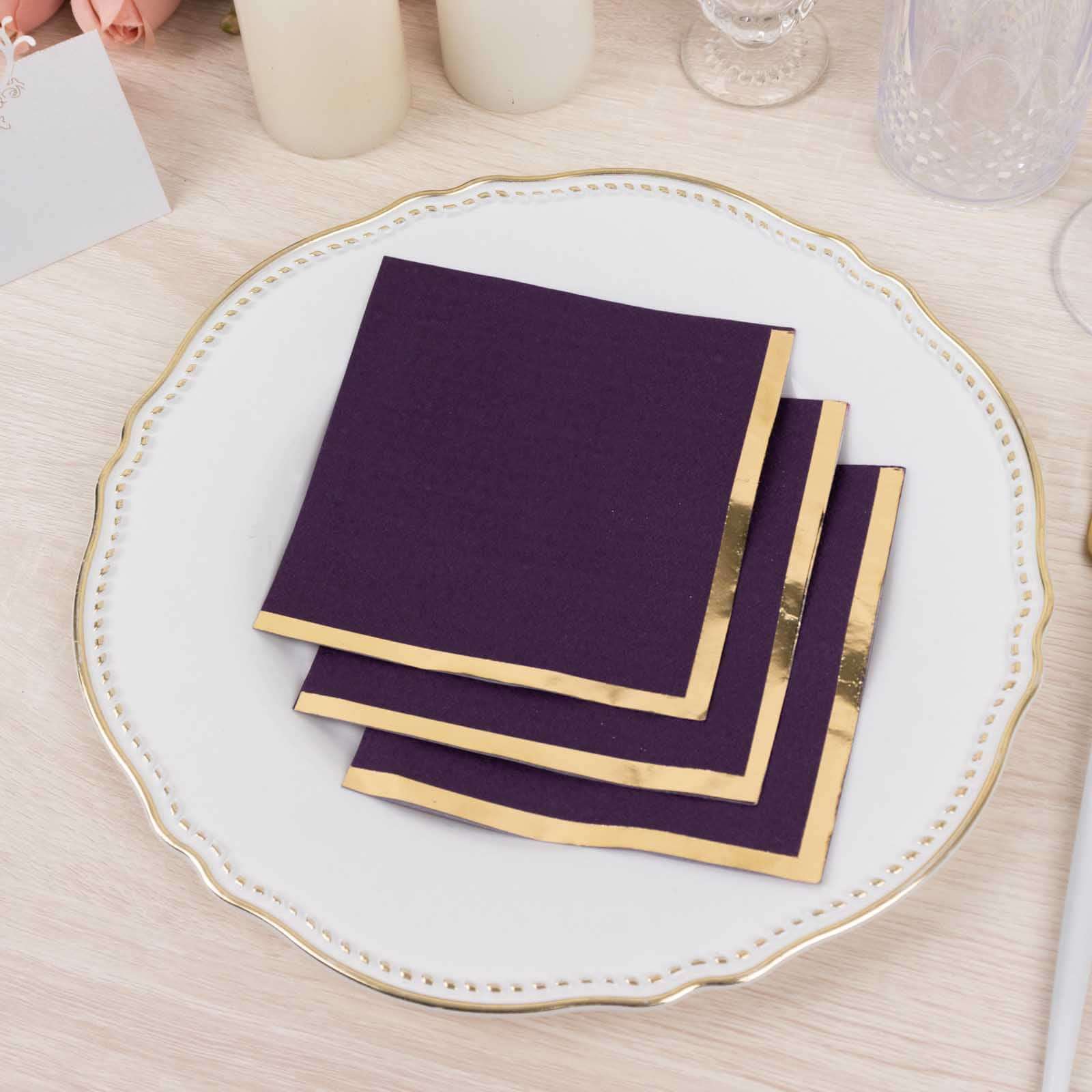 50-Pack Paper Beverage Napkins Purple with Gold Foil Edge - 2 Ply Disposable Soft 18GSM Cocktail Napkins 5"x5"