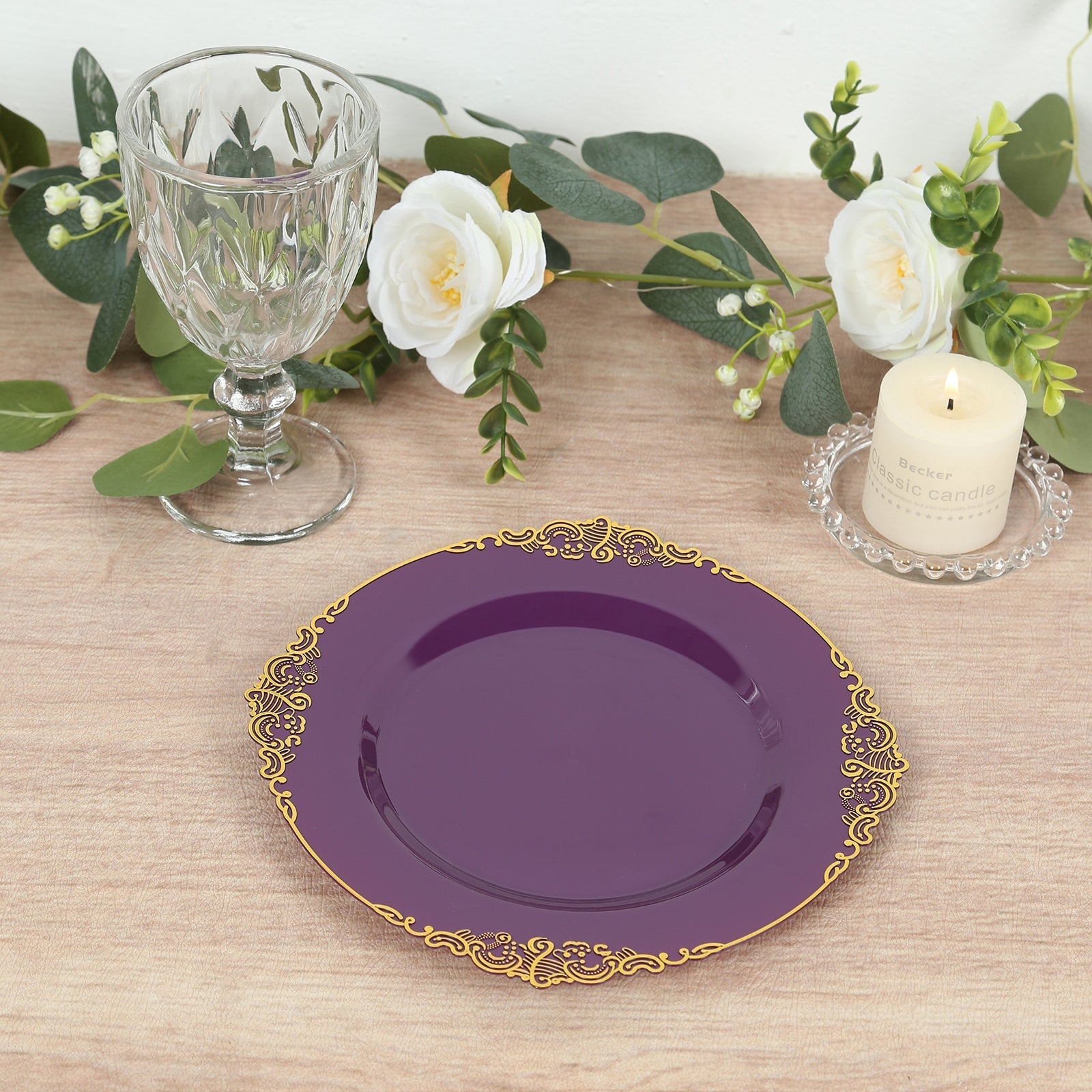 10-Pack Plastic 8" Round Dessert Plates in Purple with Gold Leaf Embossed Rim - Disposable Vintage Baroque Style Salad Plates