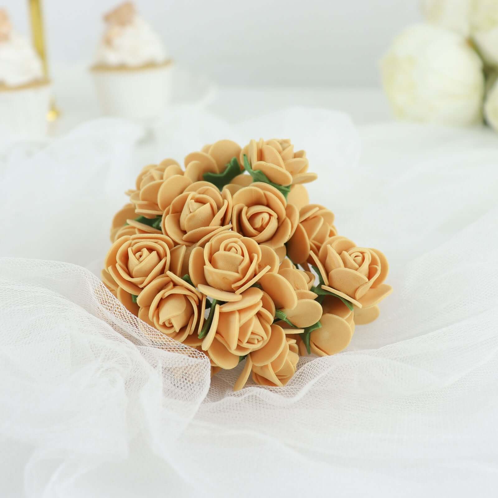 48 Roses 1" Gold Real Touch Artificial DIY Foam Rose Flowers With Stem, Craft Rose Buds