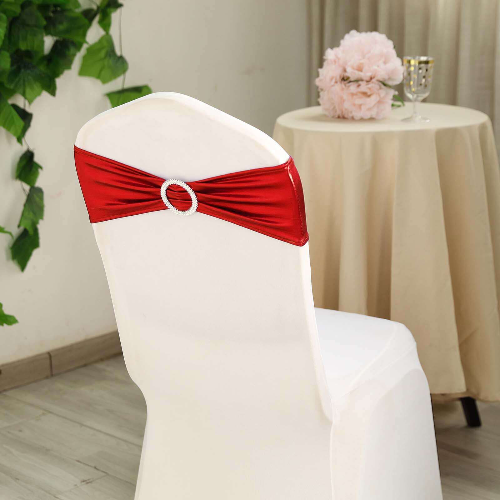 5 Pack Metallic Spandex Chair Sashes Red - Stretch Fit Chair Bands With Round Diamond Buckles