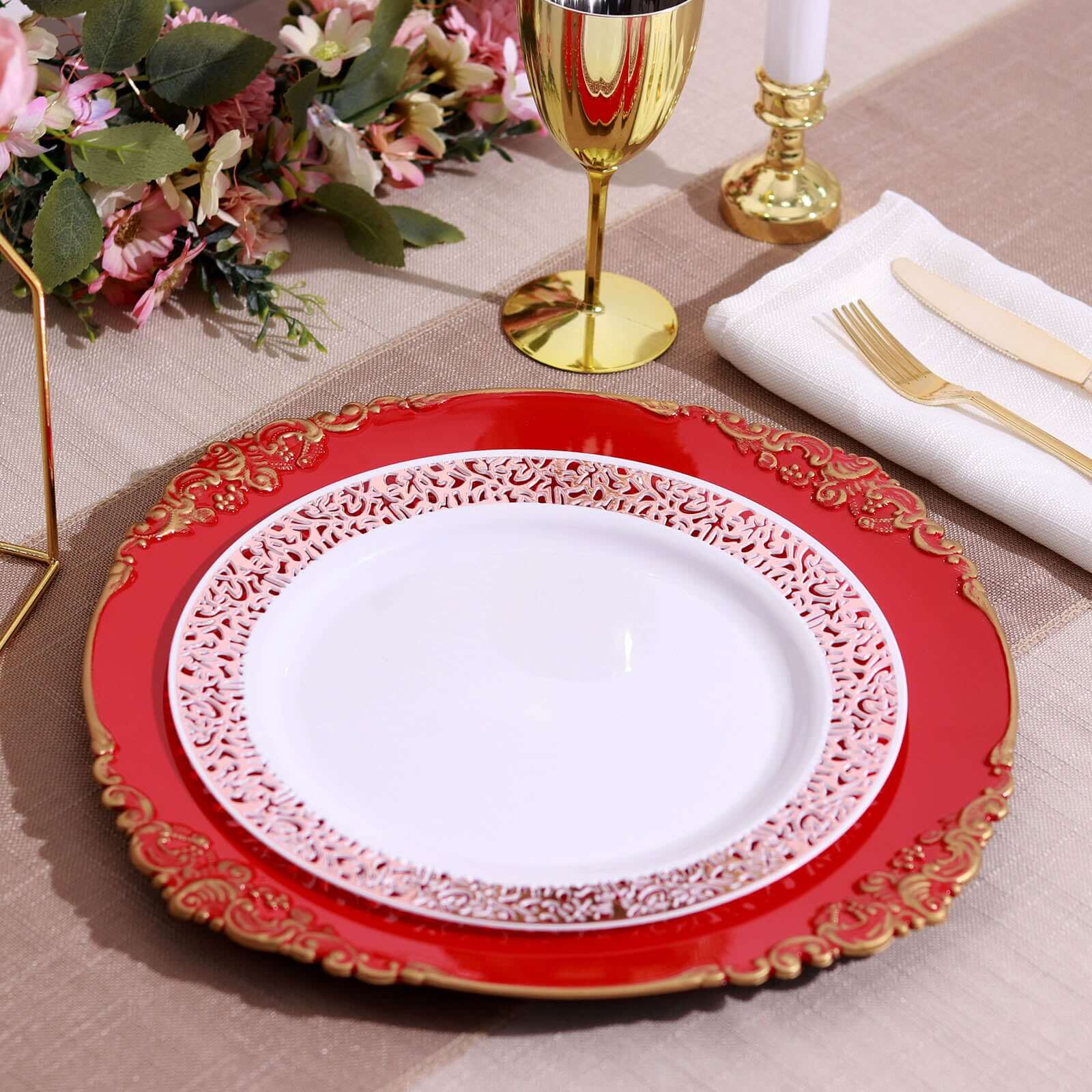 6-Pack Acrylic Round Charger Plates 13" in Red with Gold Embossed Baroque Rim, Antique Decorative Dinner Party Charger Tableware