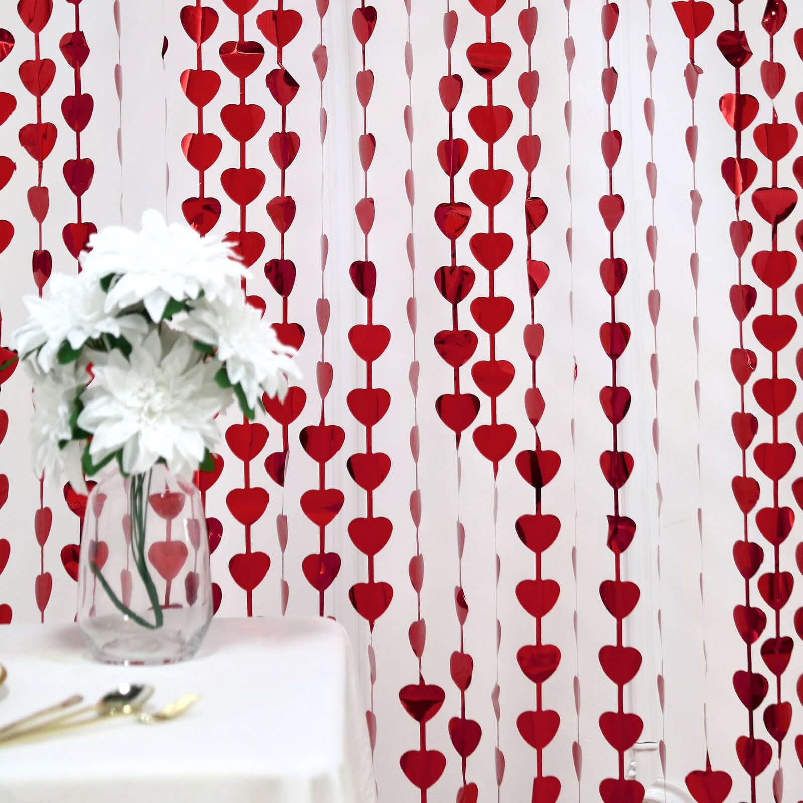 Red Heart Chain Foil Fringe Curtain Party Backdrop, Metallic Red Tinsel Streamer Party Decor - Door Window Foil Curtain - 3ftx6.5ft