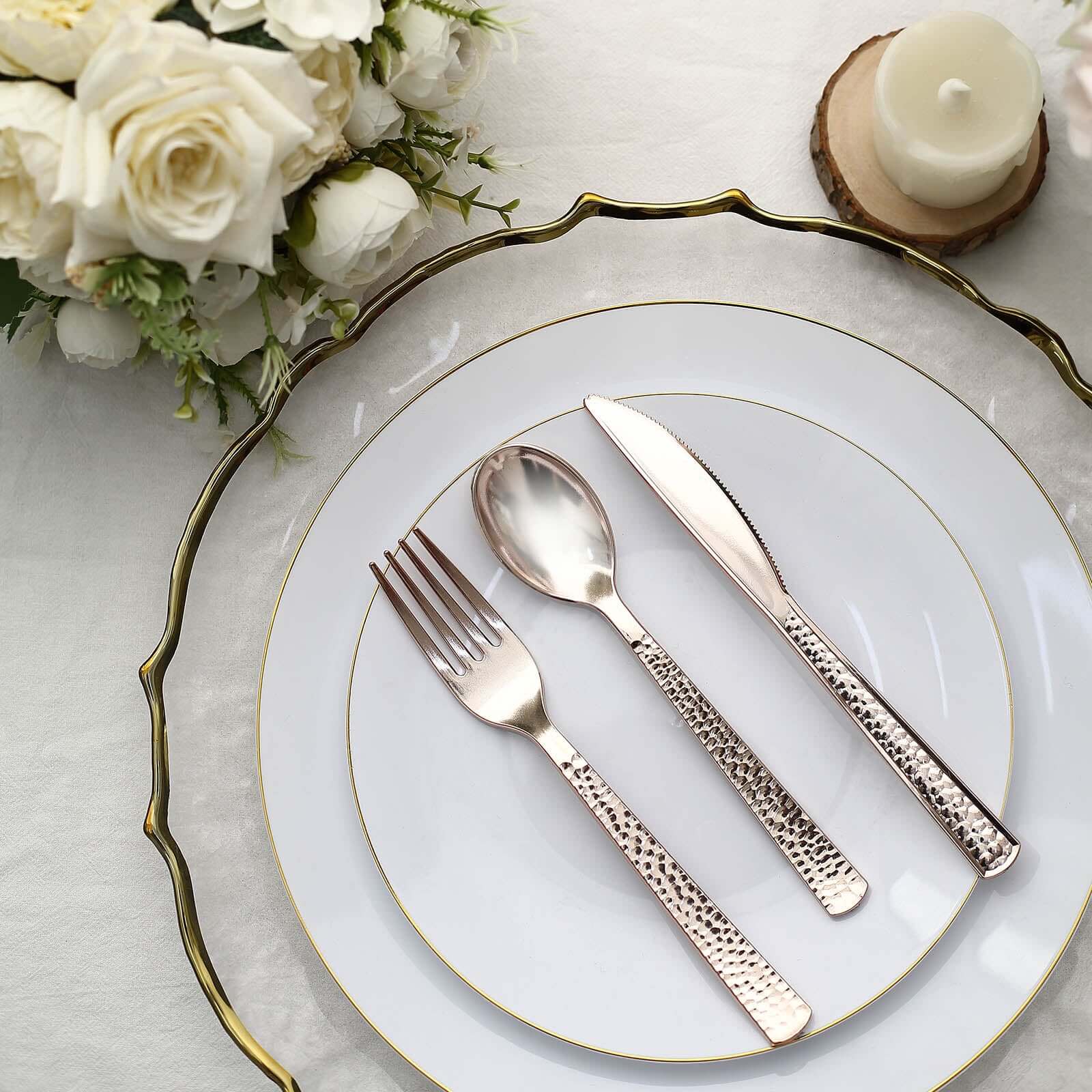 24-Pack Plastic Silverware Set with Hammered Design Rose Gold - Heavy Duty Disposable Utensils 7"
