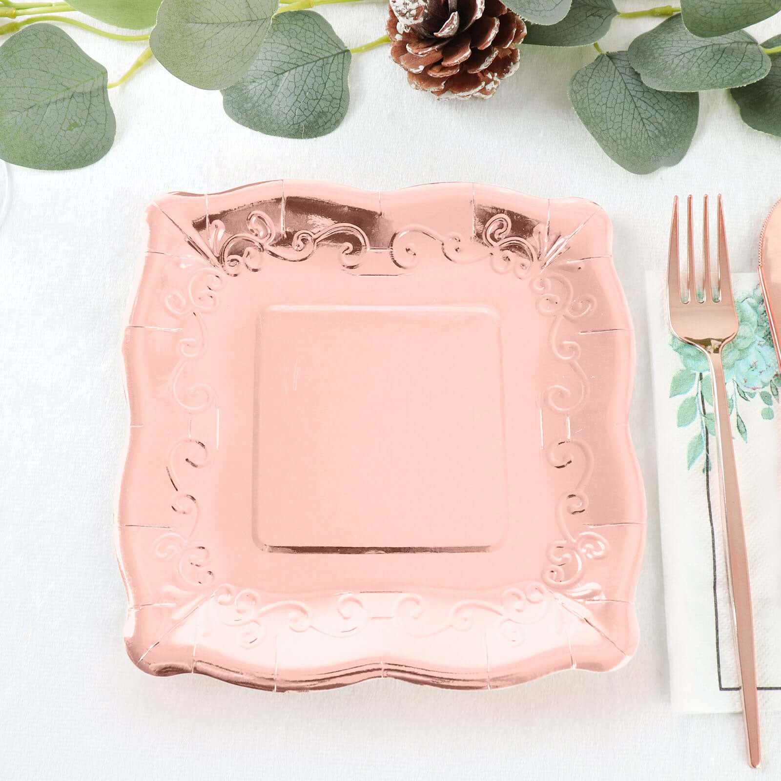 25-Pack Paper 7" Square Dessert Plates in Rose Gold with Vintage Pottery Embossed Design - Shiny Metallic Disposable Appetizer Plates