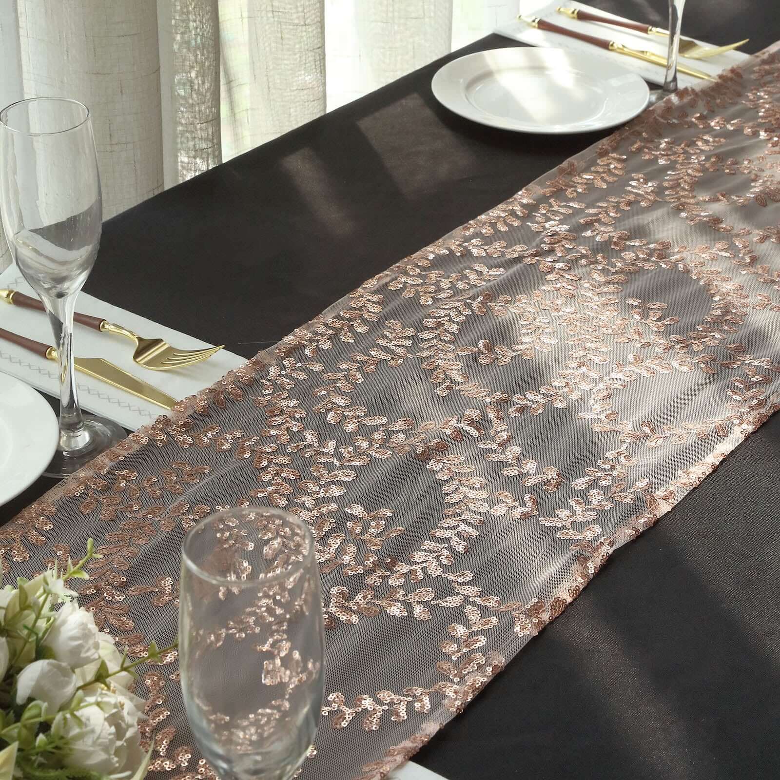 Mesh 12"x108" Table Runner Rose Gold - Leaf Vine Embroidery