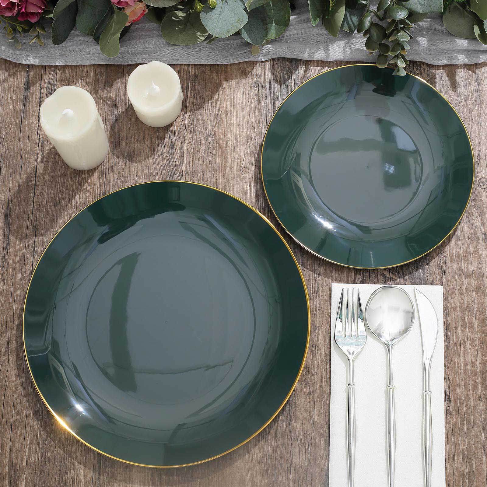 10-Pack Plastic 10" Round Dinner Plates in Hunter Emerald Green with Gold Rim - Glossy Disposable Party Plates