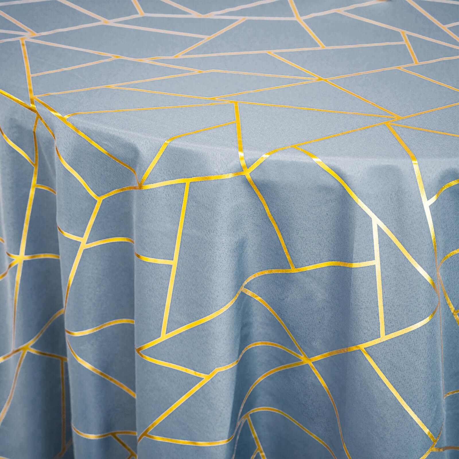 Polyester 120" Round Tablecloth Dusty Blue with Gold Foil Geometric Pattern Wrinkle-Resistant Seamless Table Cover