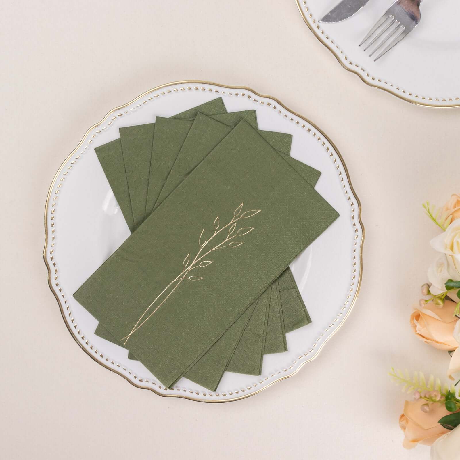 50-Pack Paper Dinner Napkins Dusty Sage Green with Gold Embossed Leaf - Stylish 2-Ply Disposable Napkins for Weddings 18GSM