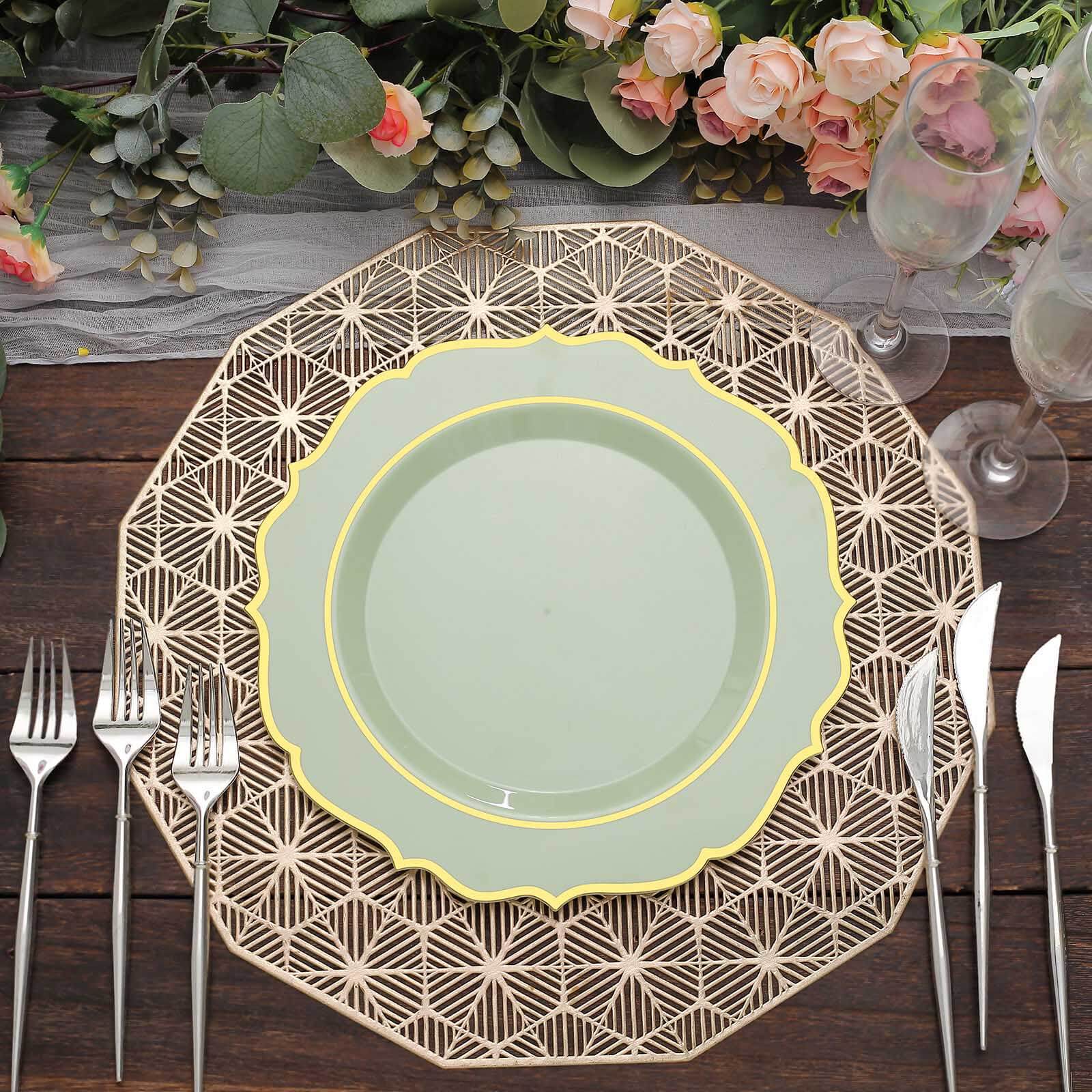 10-Pack Plastic 10" Round Dinner Plates in Sage Green with Gold Scalloped Rim - Disposable Party Plates