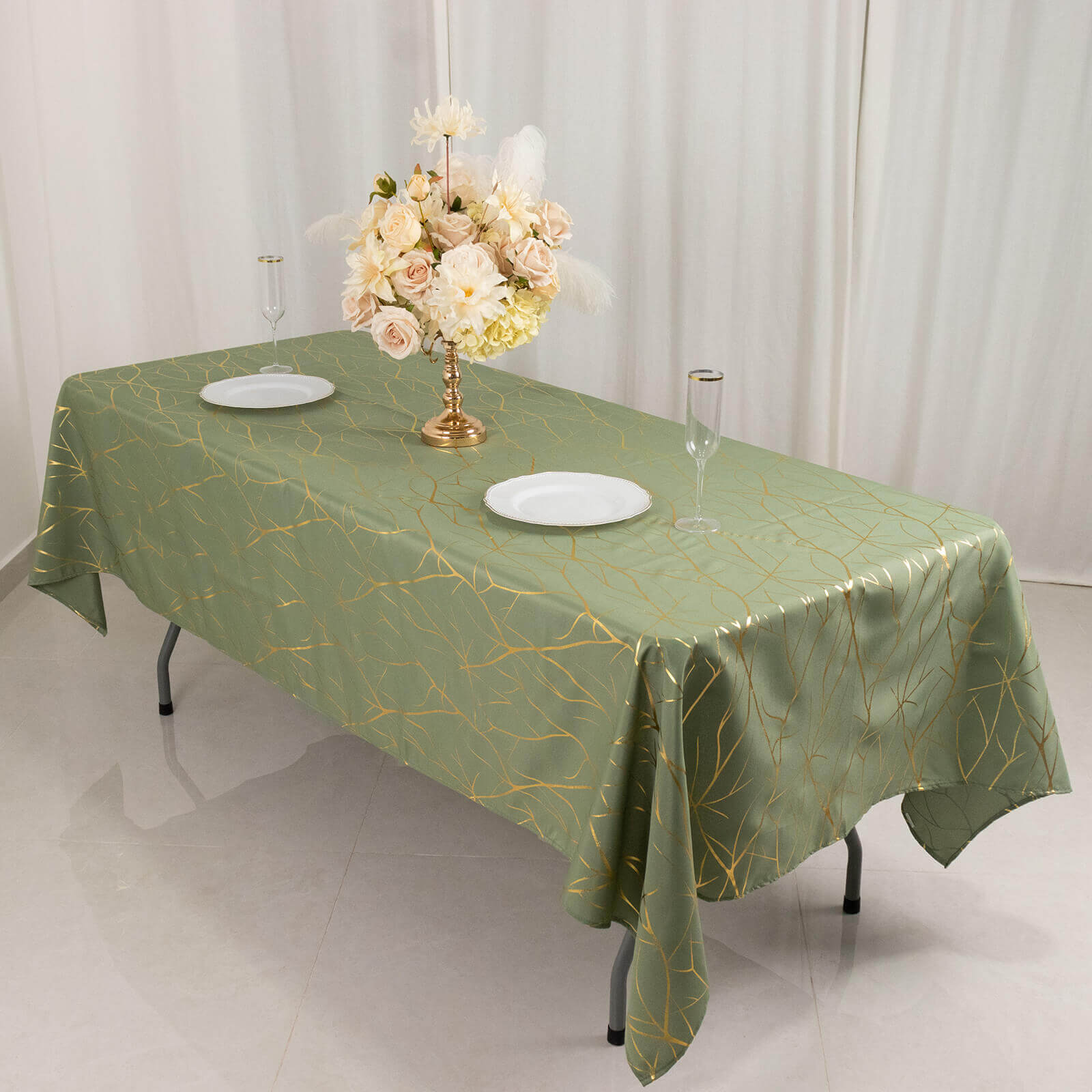 Polyester 60"x102" Rectangle Tablecloth Dusty Sage Green with Gold Foil Tree Branch Pattern - Wrinkle-Resistant & Durable Table Cover