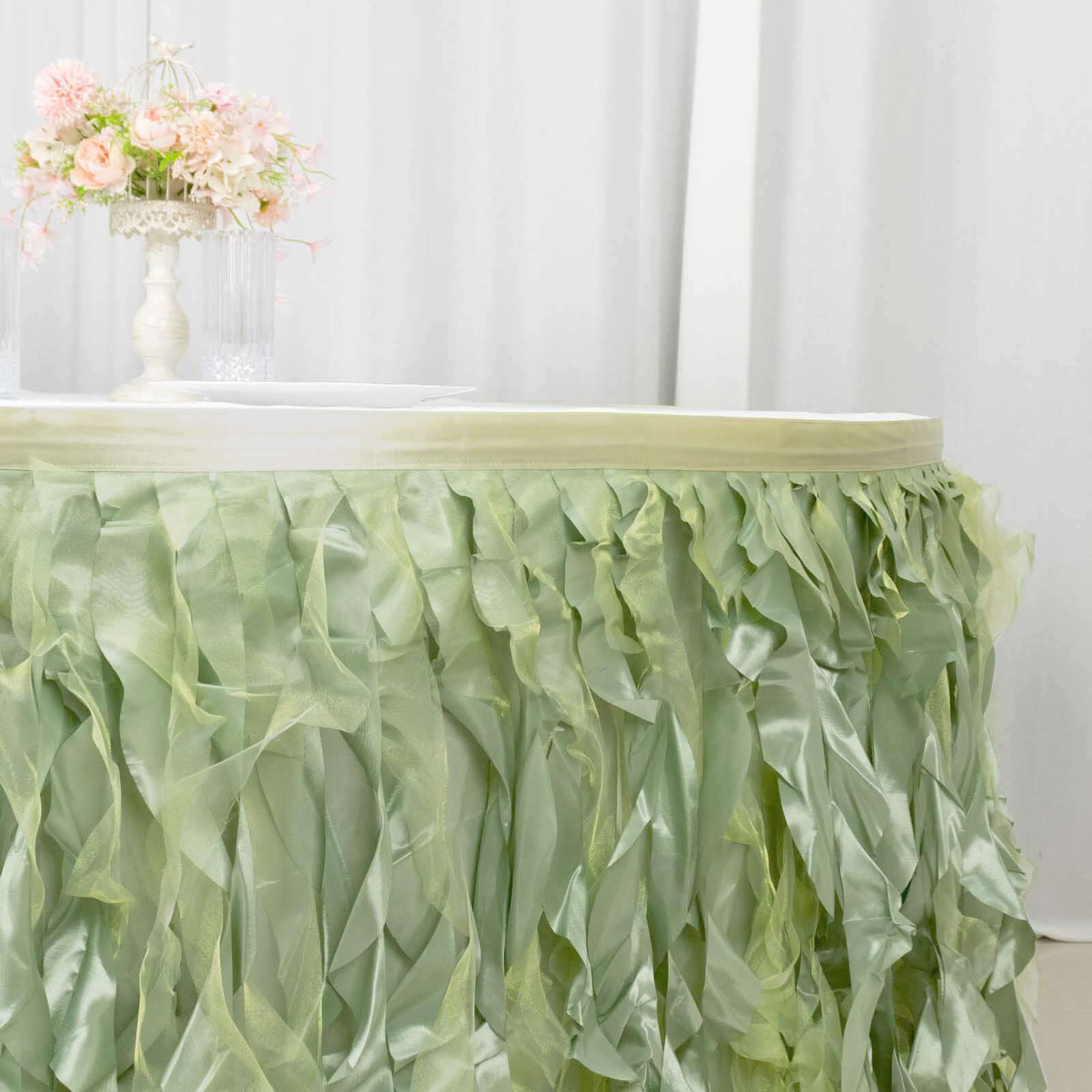 Taffeta 14ft Table Skirt Sage Green - Cascading Curly Willow Style Table Cover
