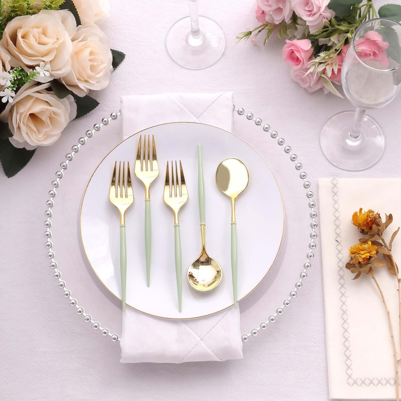 24-Pack Plastic Fork and Spoon Set Metallic Gold/Sage Green - Heavy Duty Disposable Modern Utensils 6"