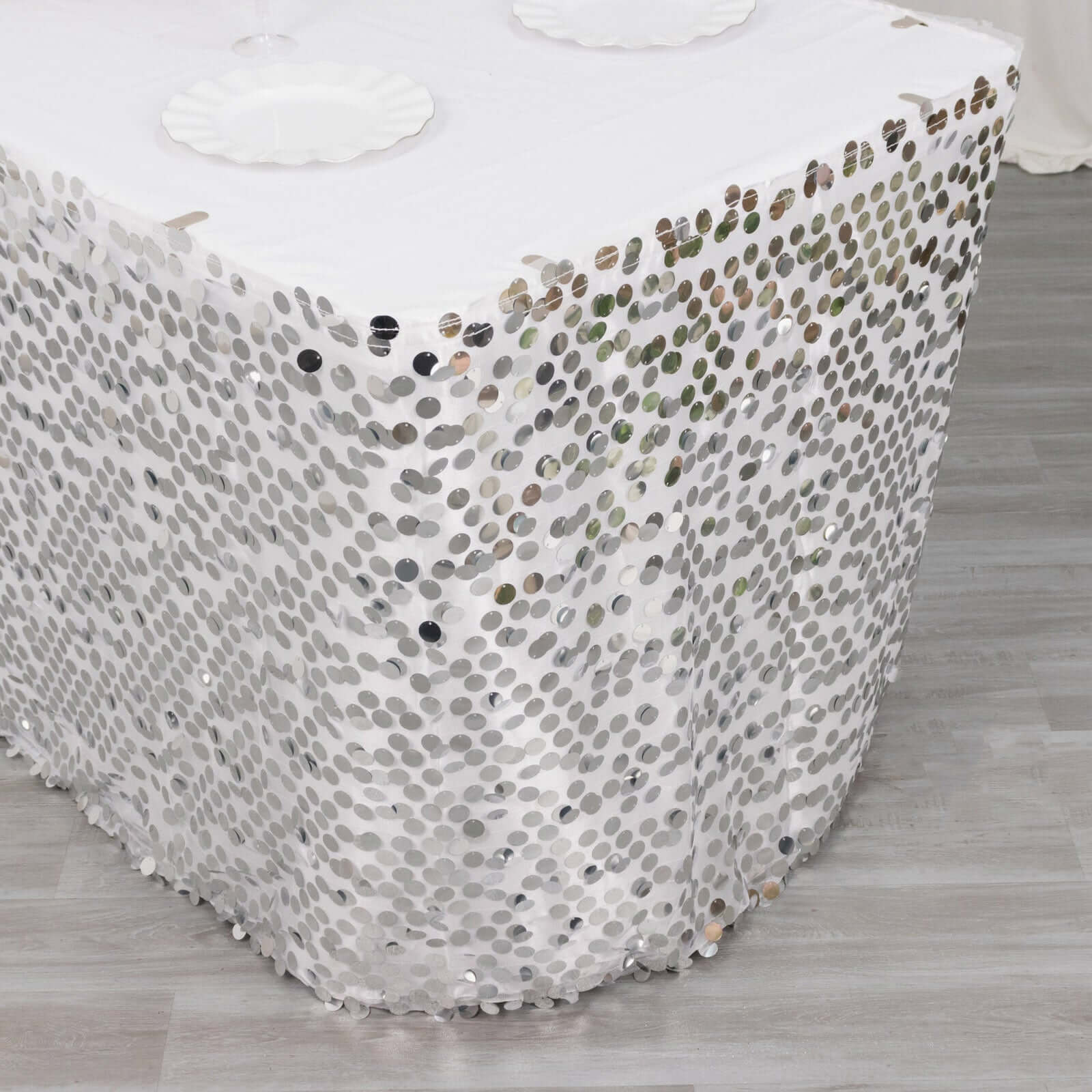 Payette Sequin 21ft Table Skirt Silver - Dual Layered Satin Table Cover