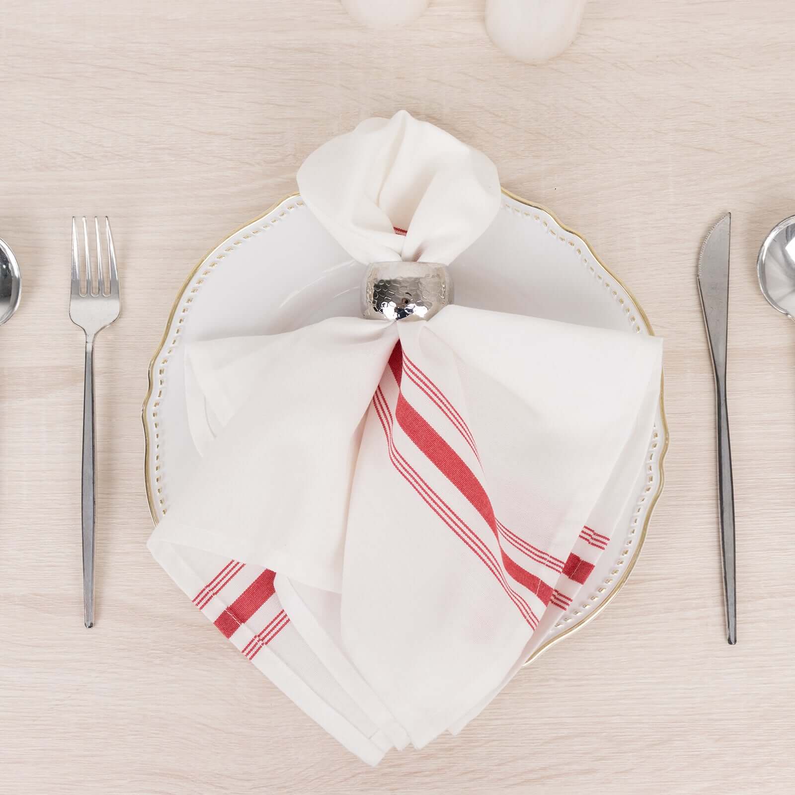 10 Pack Premium Spun Polyester 18"x22" Napkins White/Red Bistro Style - Highly Absorbent Cotton-Like Feel Cloth Napkins