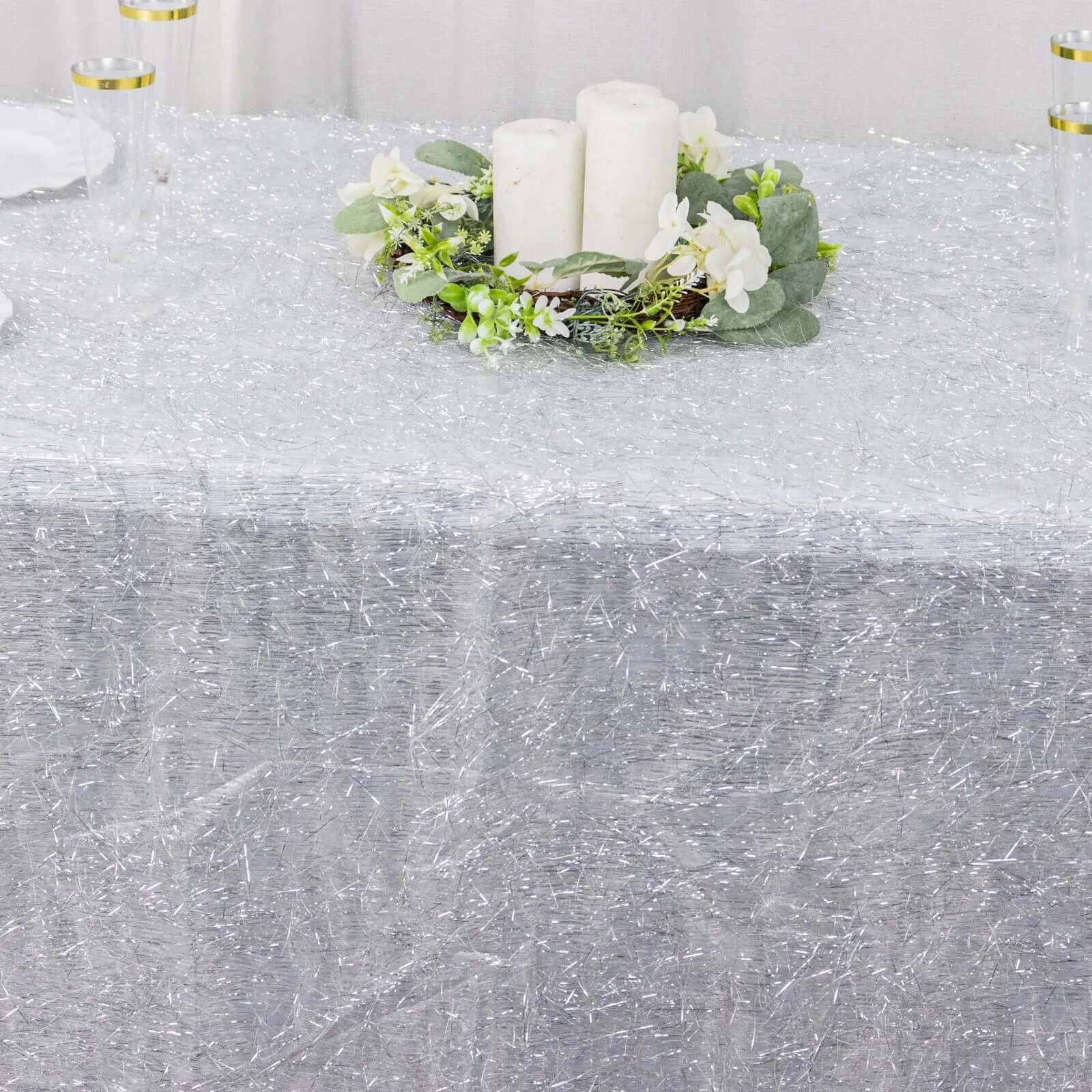Polyester 90"x156" Rectangle Tablecloth Silver Metallic Fringe Shag Tinsel Table Cover