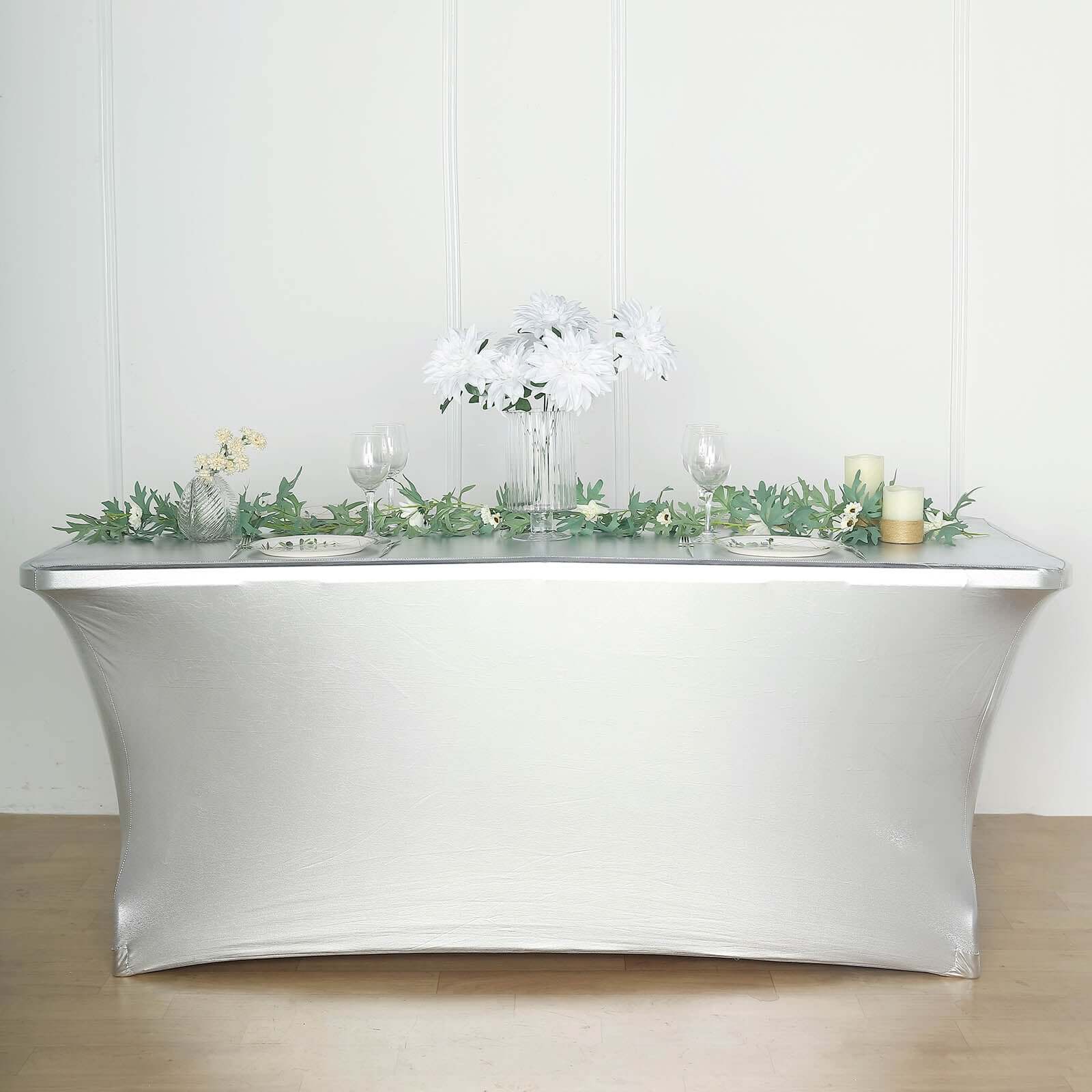 Stretch Spandex 72"x30" Rectangle Tablecloth Metallic Silver - Form-Fitting Table Cover