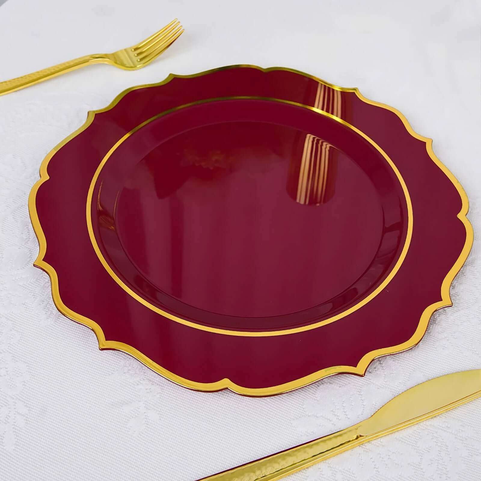10-Pack Plastic 10" Round Dinner Plates in Burgundy with Gold Scalloped Rim - Disposable Party Plates