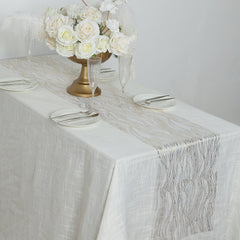 5 Pack Organza 12"x108" Table Runners White with Gold Foil Wave Design - Disposable Stylish Event Decoration