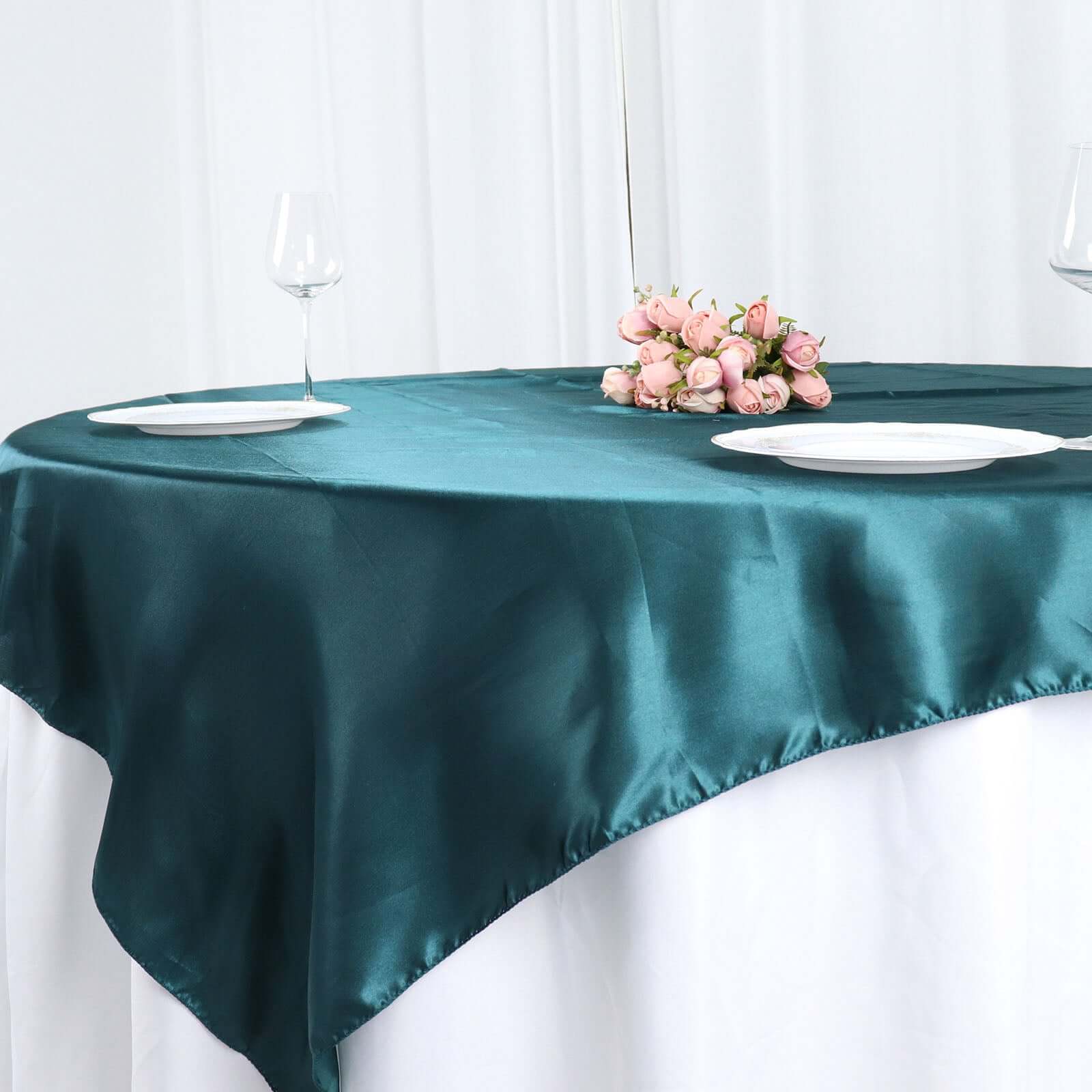 Satin 72"x72" Table Overlay Square Tablecloth Peacock Teal - Smooth Finish Table Cover