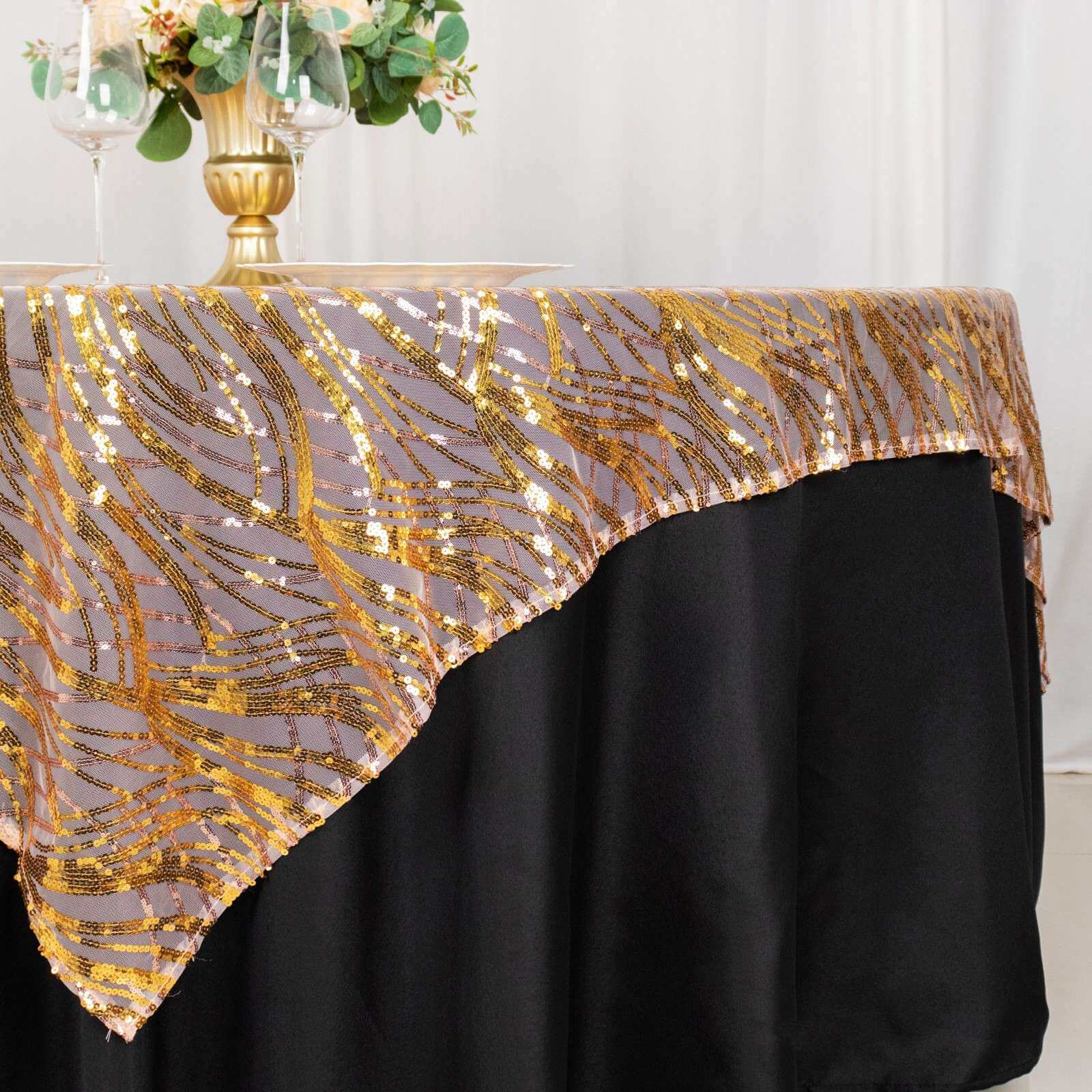 Mesh 72"x72" Table Overlay Square Tablecloth Rose Gold/Gold - Wave Embroidered Sequins Table Topper