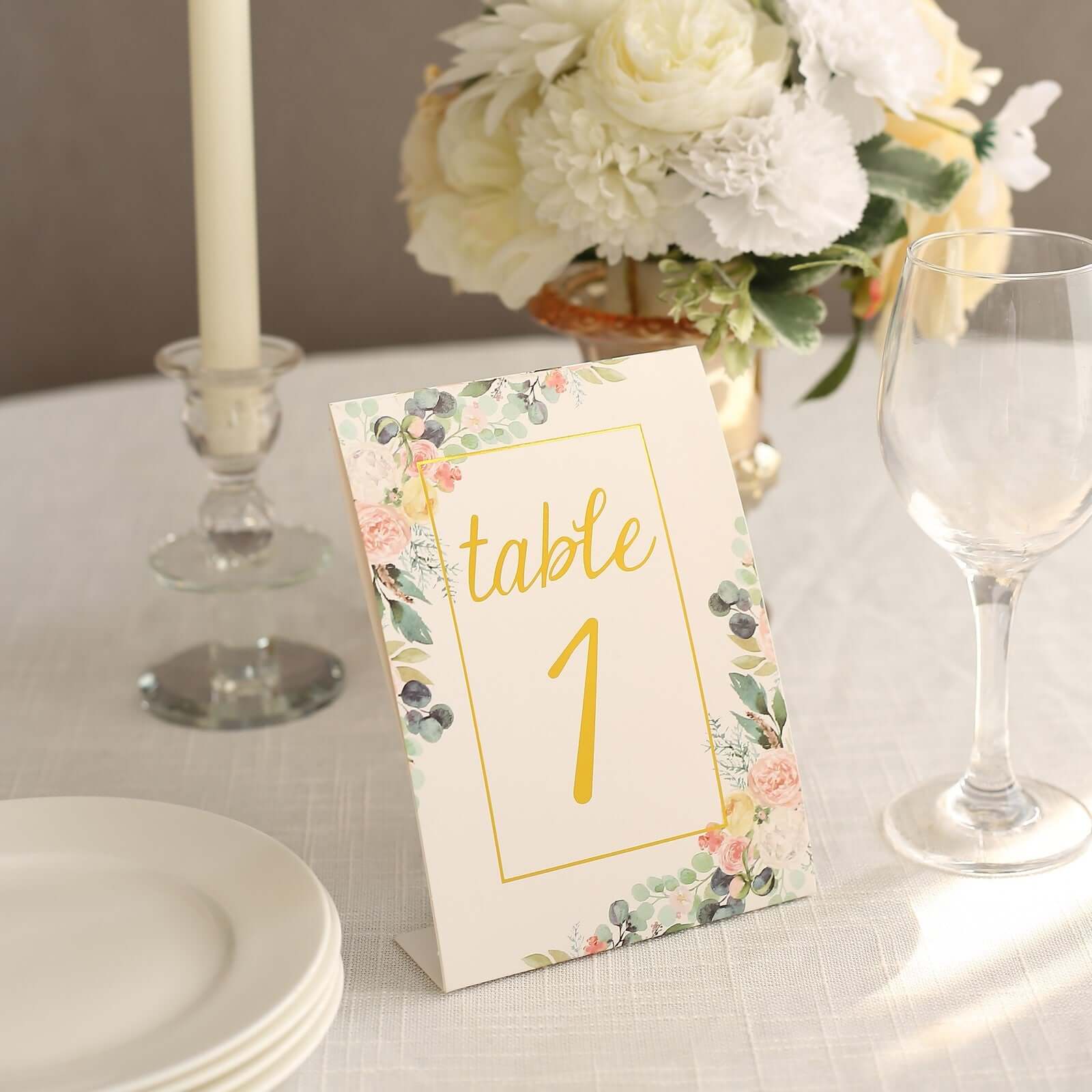 25-Pack Paper Wedding Table Numbers 1-25 White Peony Flower Design - Free Standing Double Sided Table Signs with Glam Gold Foil Numbers 7"