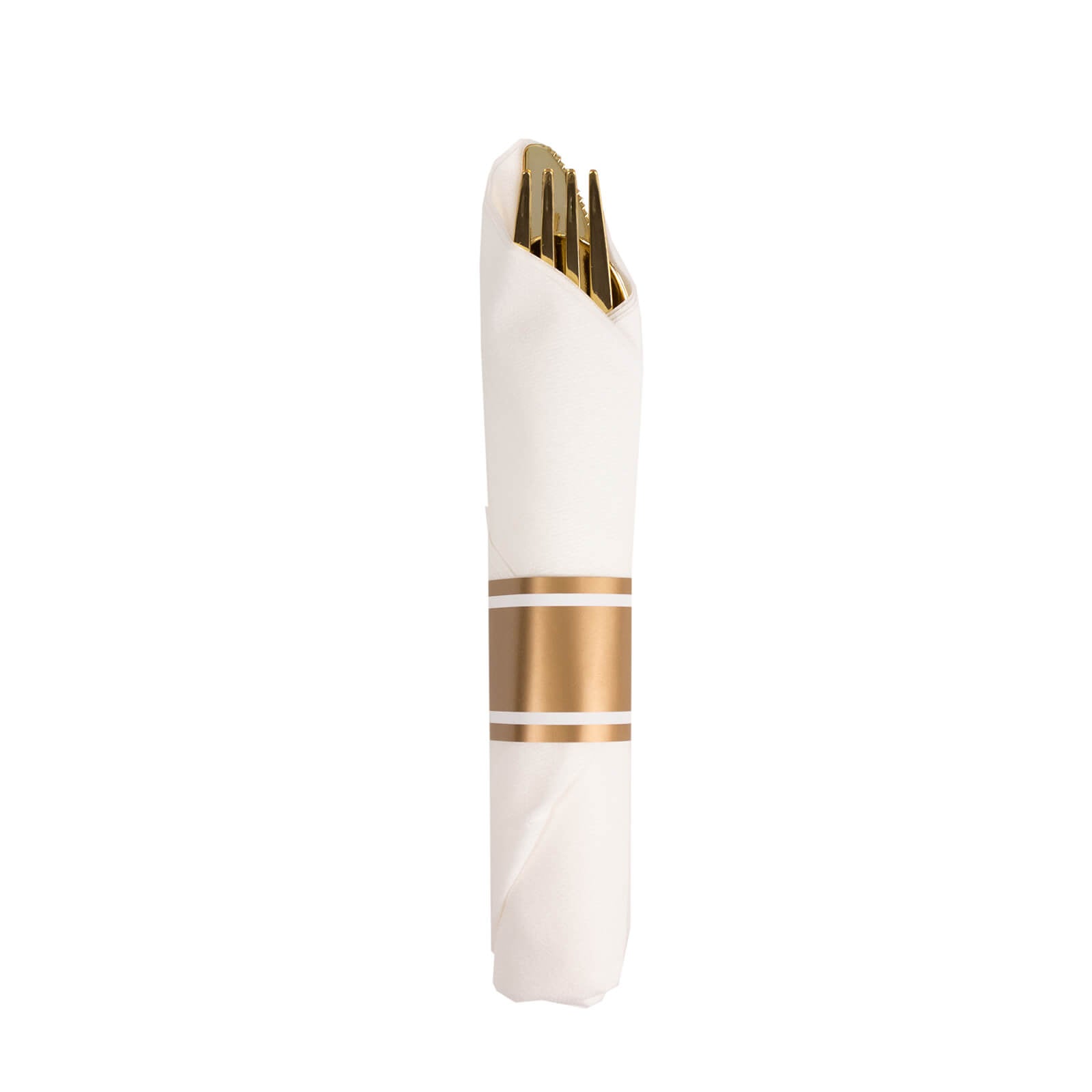 Set of 24 Gold Plastic Silverware with Pre-Rolled White Paper Napkins - Disposable Wrapped Fork, Spoon, and Knife Set