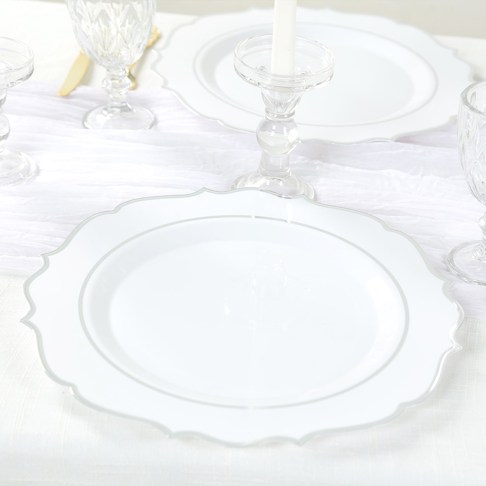 10-Pack Economy Plastic Round Charger Plates 13" in White with Silver Scalloped Rim, Decorative Dinner Party Serving Plates