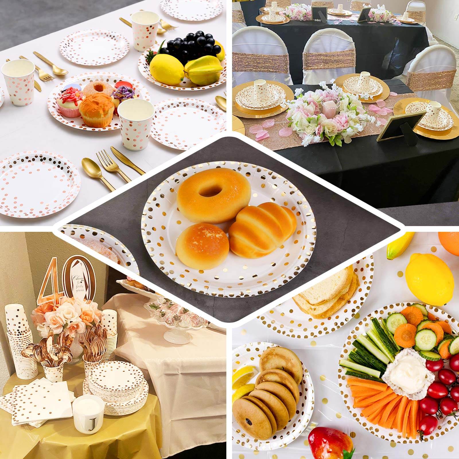 25-Pack Paper Round Dinner Plates 9" White with Metallic Rose Gold Polka Dots - Disposable 300GSM Party Plates for Banquets & Celebrations