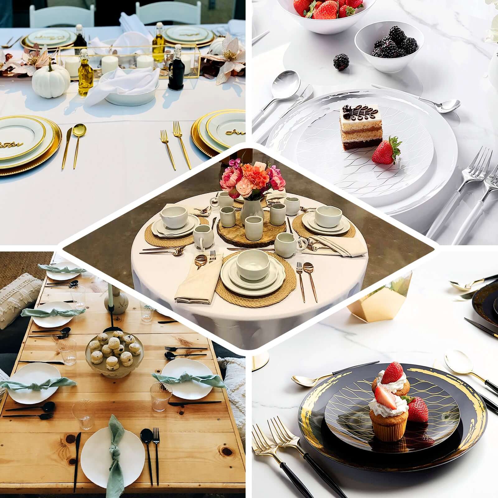 24-Pack Plastic Flatware Set in Metallic Gold with Black Handle - Heavy Duty Disposable Modern Silverware 8"