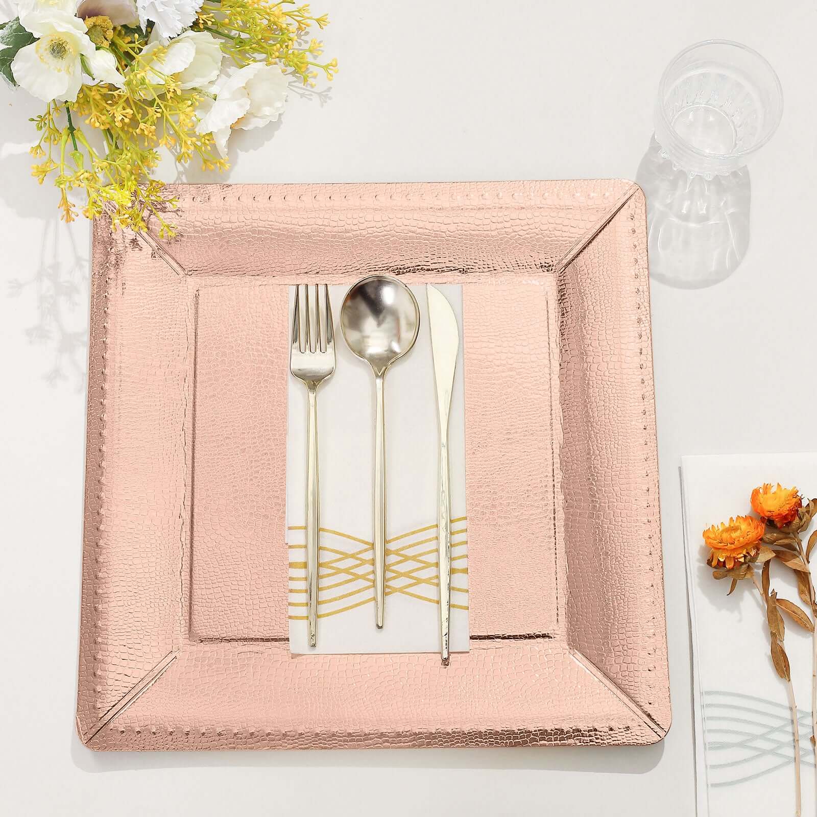 10-Pack Disposable Square Charger Plates in Rose Gold with Leather Like Texture - 1100GSM Durable Paper Chargers for Sophisticated Events 13"